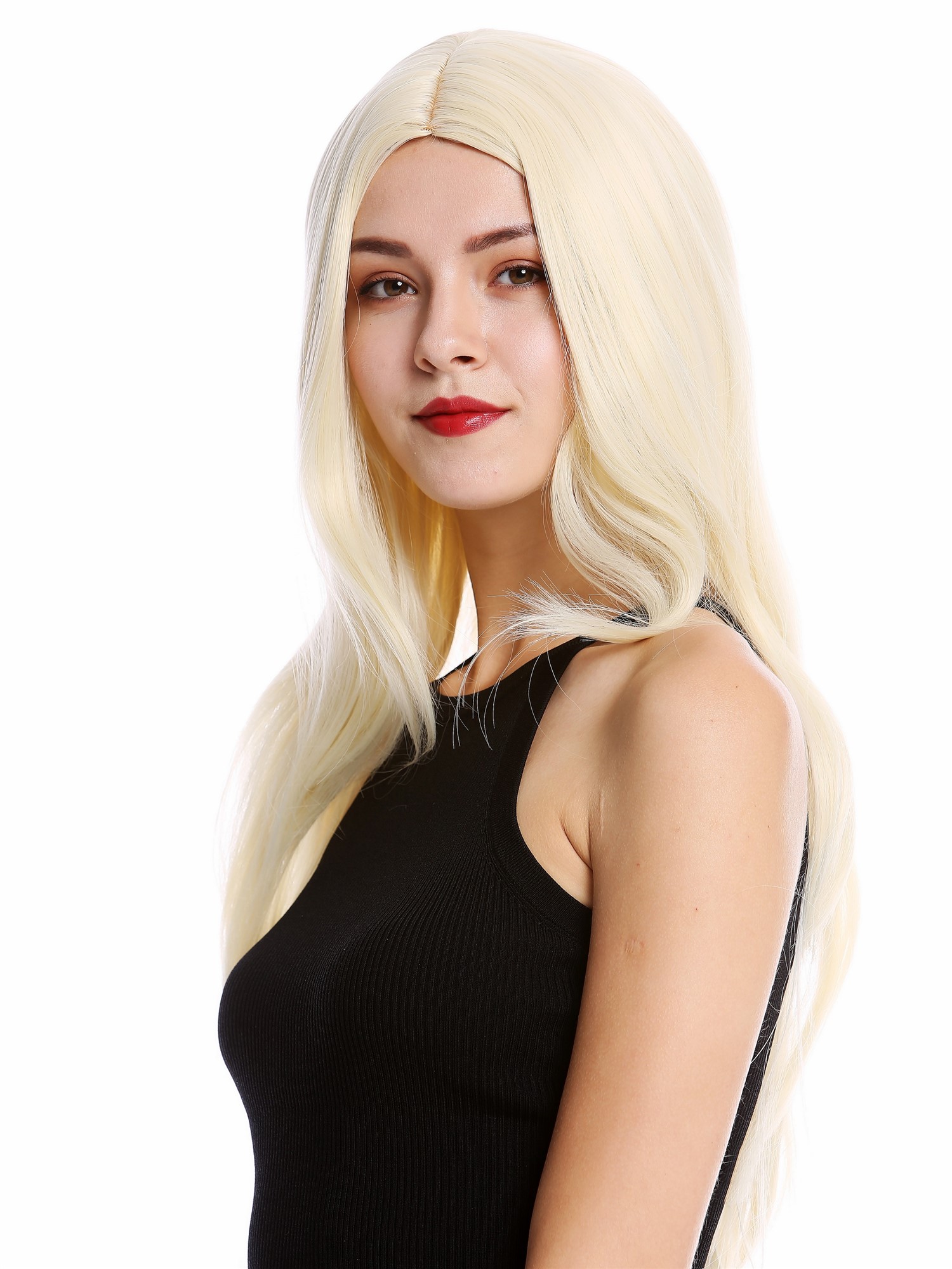 hochwertige Qualitätsperücken, Perücke sehr lang glatt gestuft Mittelscheitel Hellblond 3217-303, Ansicht 5, WIG ME UP: Ihr Perücken Online Shop glatte Tressen-Perücke mit Kopfhaut-Imitat Hellblond sehr lange Haare für Damen