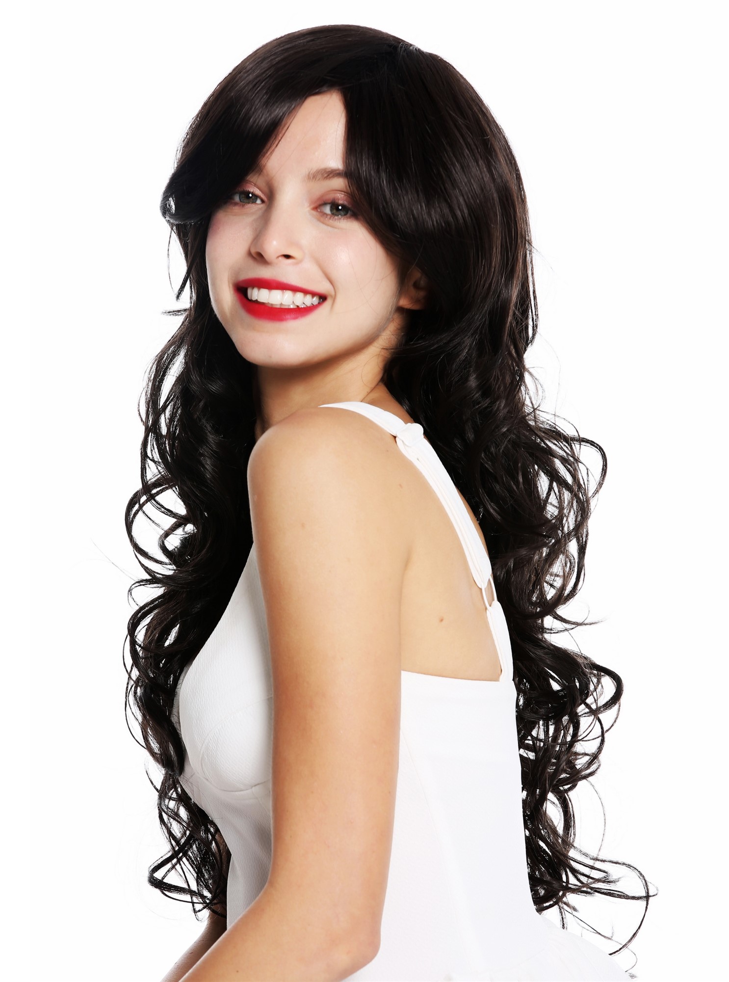 hochwertige Qualitätsperücken, Damen Perücke lang Locken Dunkelbraun VK-47-4, Ansicht 3, WIG ME UP: Ihr Perücken Online Shop lockige Tressen-Perücke mit Kopfhaut-Imitat Dunkelbraun lange Haare für Damen