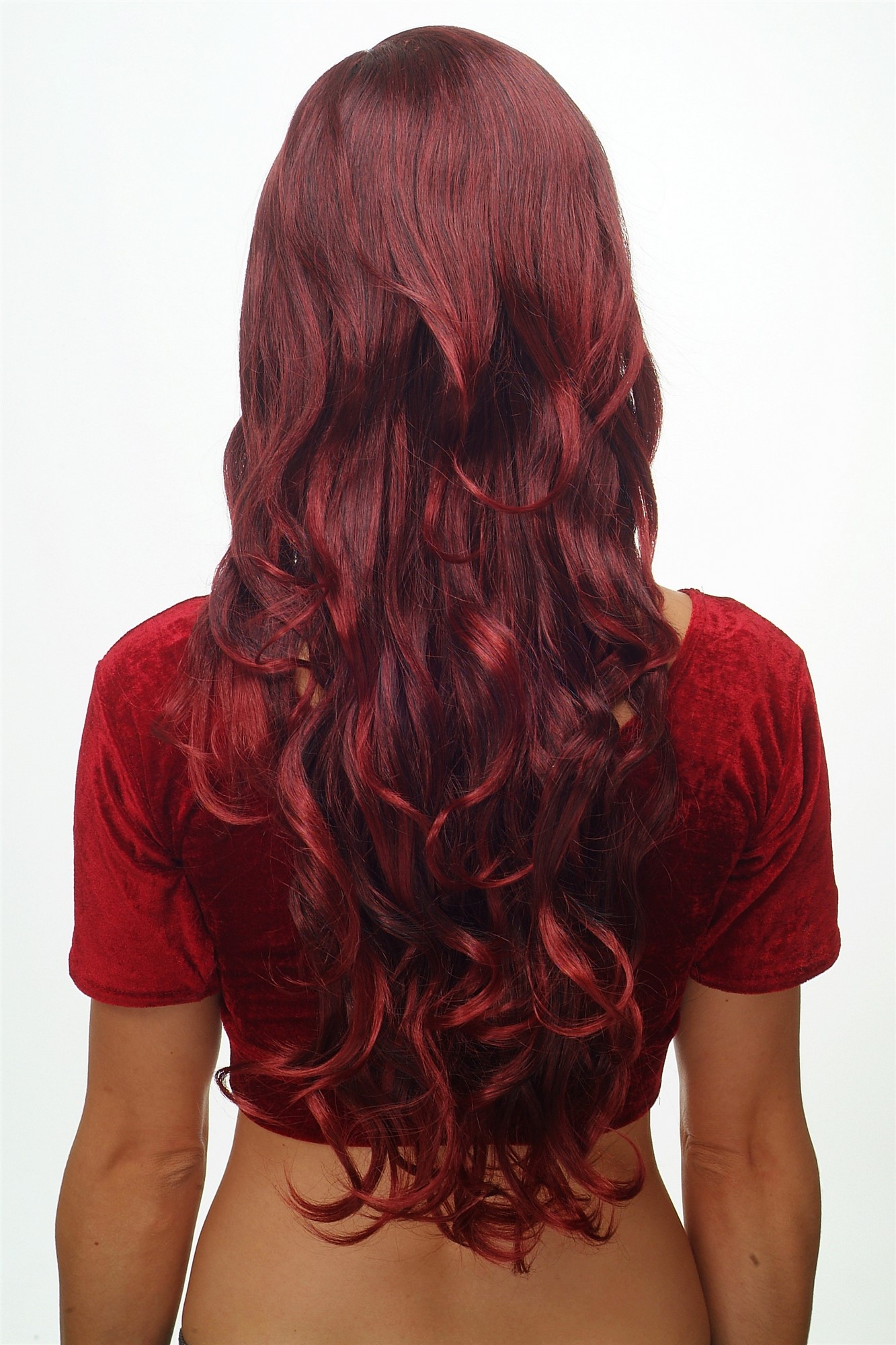 hochwertige Qualitätsperücken, Perücke lang wallendes Haar wellig leicht lockig Schwarz-Rot-Mix 9204S-1BT39, Ansicht 4, WIG ME UP: Ihr Perücken Online Shop lockige Tressen-Perücke mit Kopfhaut-Imitat Samtschwarz-Granatrot lange Haare für Damen