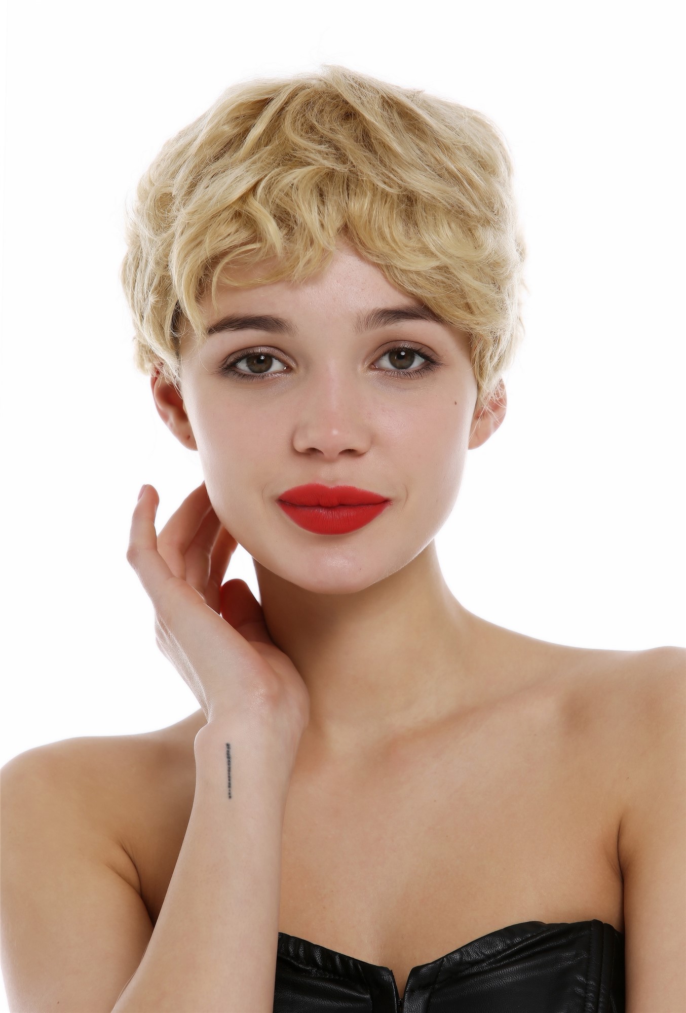hochwertige Qualitätsperücken, Perücke Echthaar Damen Herren kurz Pixie wild wellig Blond gesträhnt BHH-11-24H613, Ansicht 2, WIG ME UP: Ihr Perücken Online Shop wellige Tressen-Perücke Aschblond-Platinblond-Mix kurze Haare für Damen
