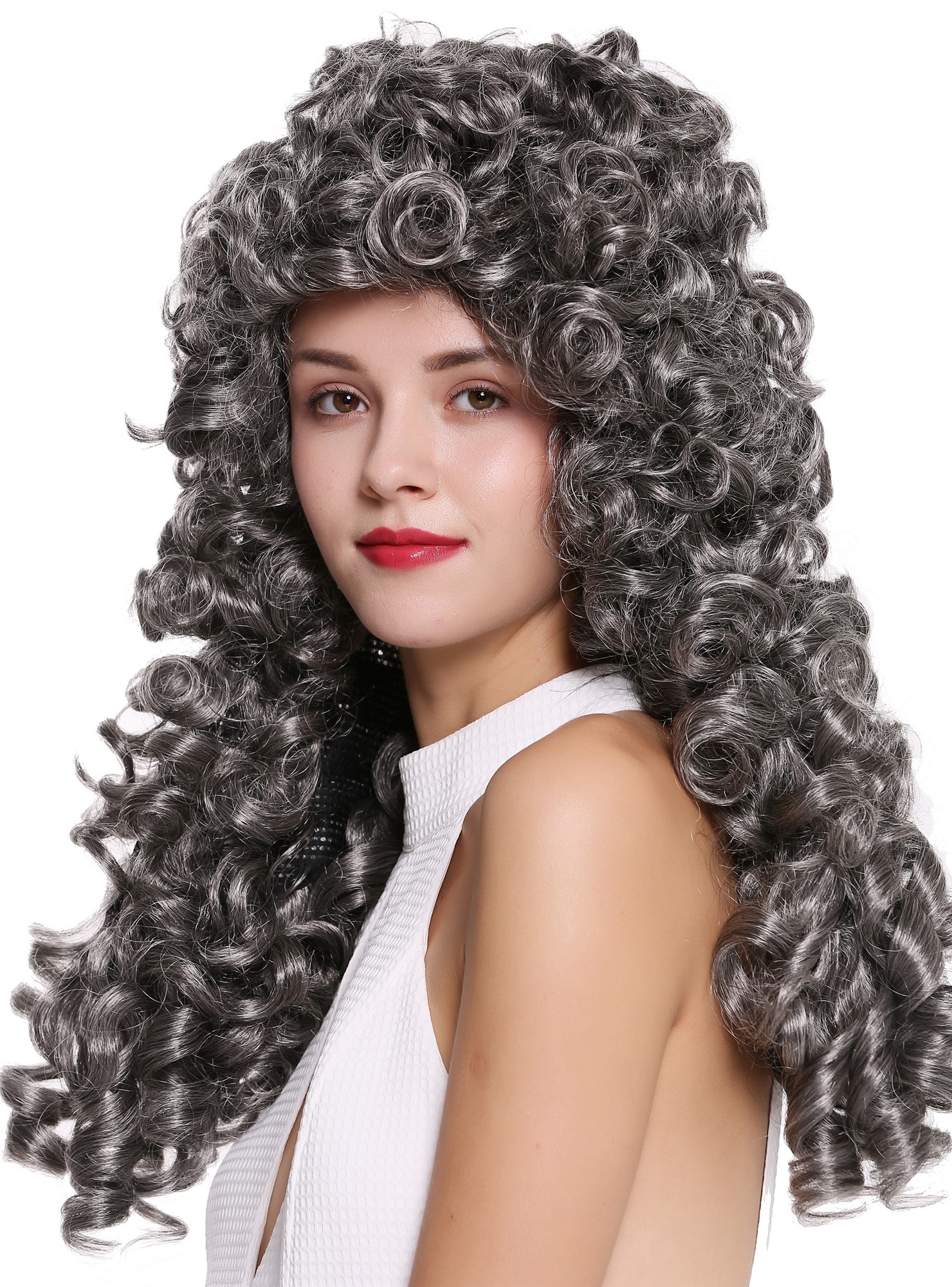 hochwertige Qualitätsperücken, Perücke Lang Locken Barock Renaissance Edelmann Grau B17-2P-B-44, Ansicht 3, WIG ME UP: Ihr Perücken Online Shop lockige Tressen-Perücke mit Gummizug Dunkelbraun-Grau-Mix lange Haare für Herren