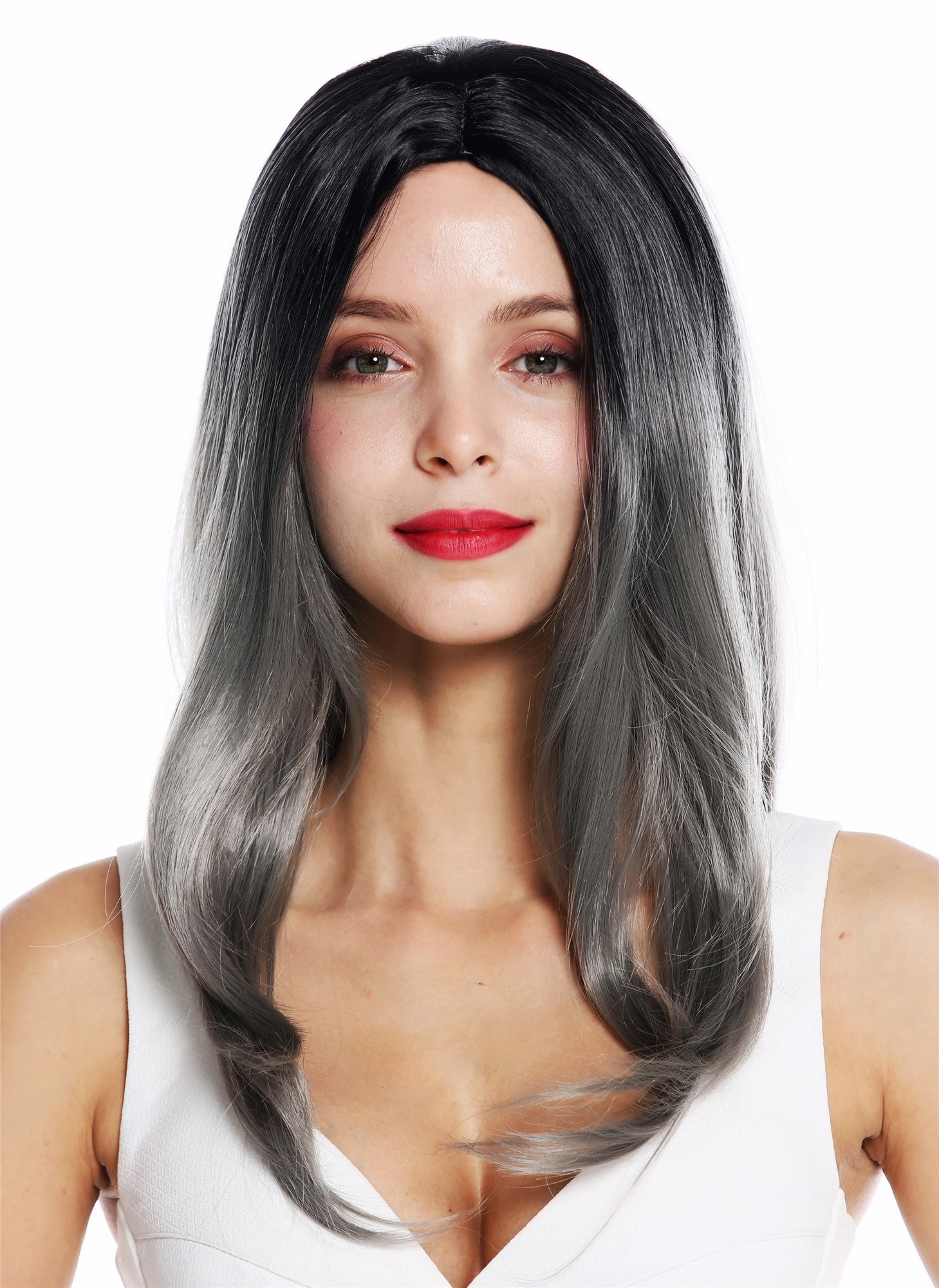Women's wig lady long sleek middle parting ombre balayage black grey ZM-1811, view 2, WIG ME UP: Your Perücken Online Shop Quality Wigs, Ladies, black-gray mix, straight, long