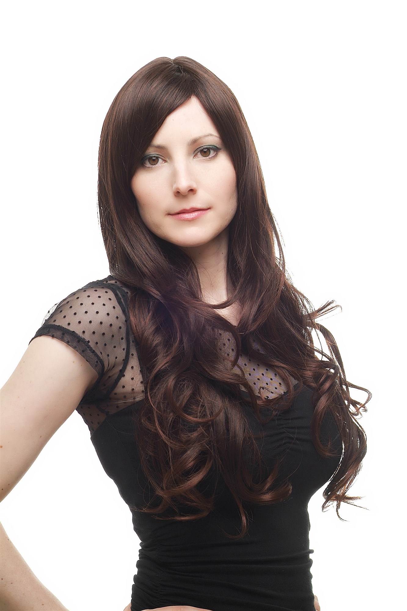 Lady wig straight curling wavy ends mahogany brown long fringe parted side H9117, front view, WIG ME UP: Your Perücken Online Shop Quality Wigs, Ladies, Brown, wavy, long