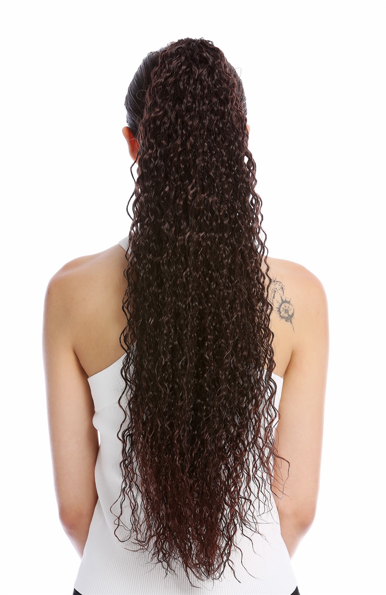 Ponytail long voluminous curled kinks kinked black streaked mahogany auburn N857, view 2, WIG ME UP: Your Perücken Online Shop Ponytails, brown mix, curled, very long
