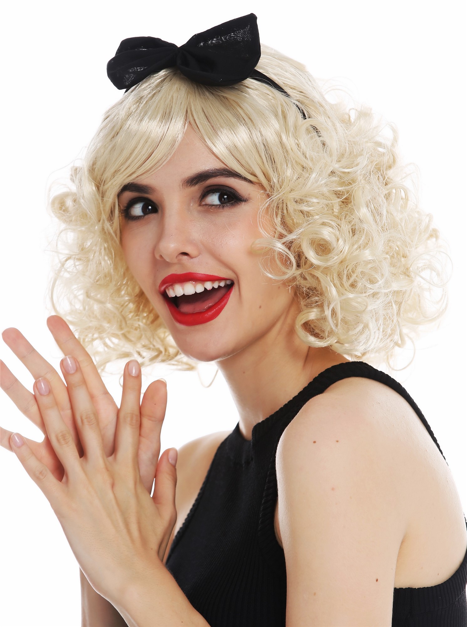 Wig women Halloween blonde curly Alice band black with ribbon 50's 60's 61905, front view, WIG ME UP: Your Perücken Online Shop Party Wig, Ladies, light blonde, curled, short