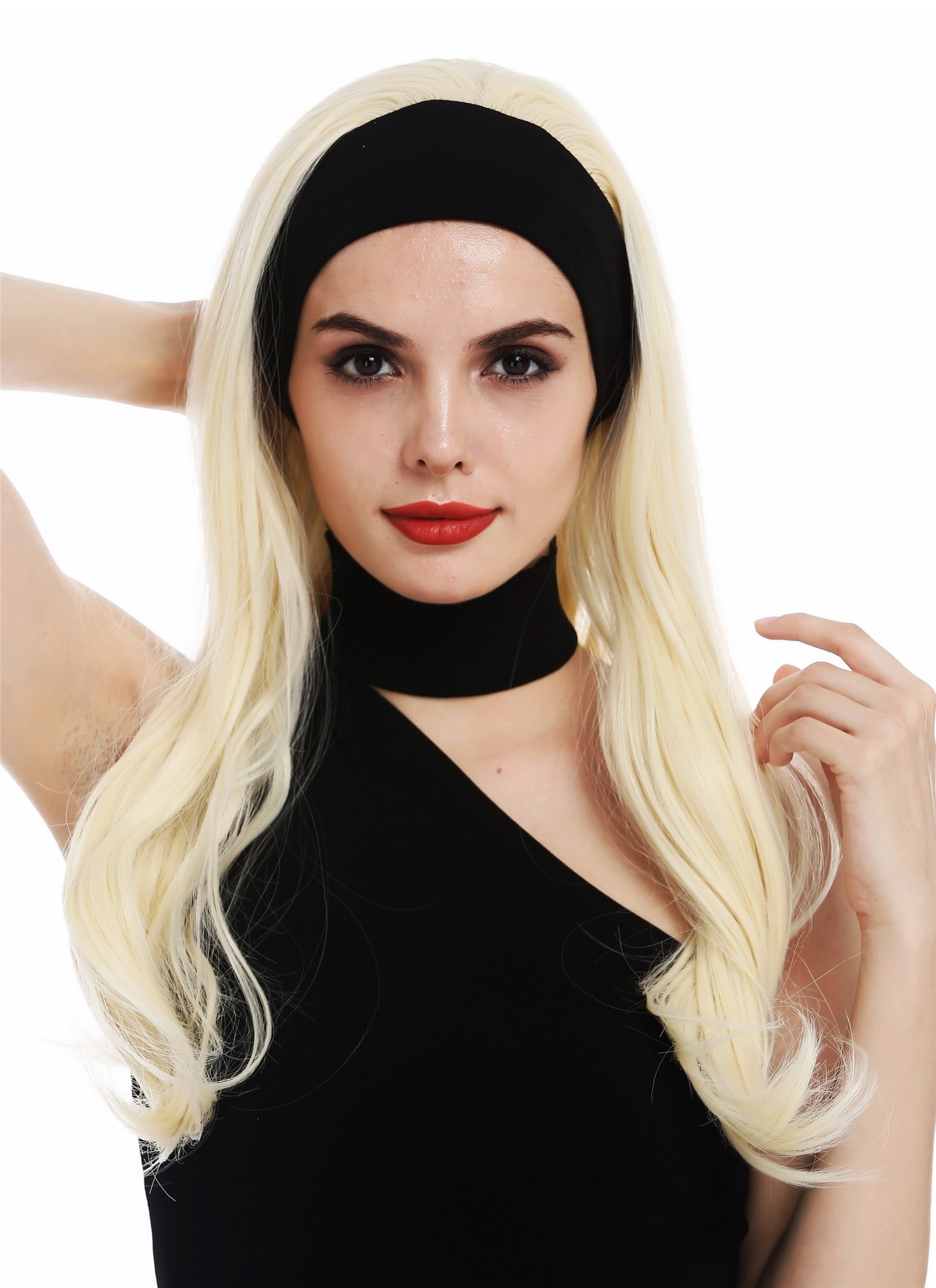 hochwertige Qualitätsperücken, Perücke Stirnband 80er lang glatt Platinblond TYL-586-613, Ansicht 2, WIG ME UP: Ihr Perücken Online Shop glatte Tressen-Perücke mit Gummizug und Stirnband Platinblond lange Haare für Damen