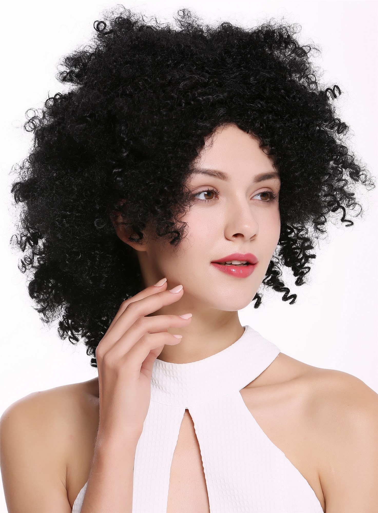 hochwertige Qualitätsperücken, Perücke kraus Afro Locken Volumen Schwarz ZM-1586-1, Ansicht 2, WIG ME UP: Ihr Perücken Online Shop lockige Tressen-Perücke Schwarz schulterlange Haare für Damen