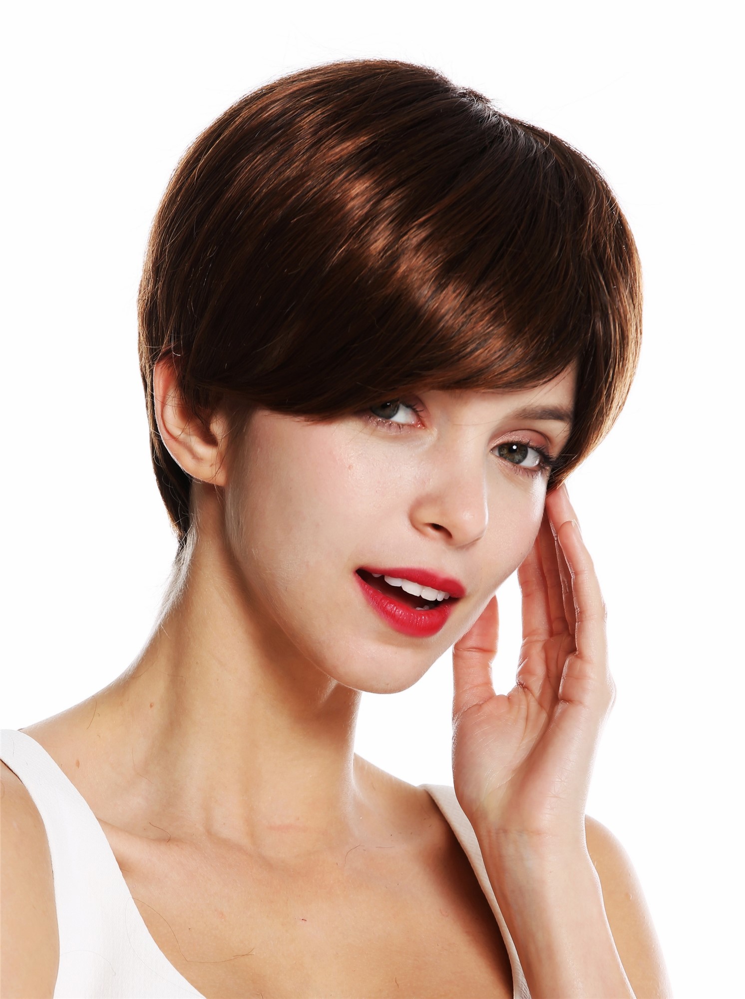 hochwertige Qualitätsperücken, Perücke kurz burschikos Kastanie Braun Mix VK-32-2T30, Ansicht 2, WIG ME UP: Ihr Perücken Online Shop glatte Tressen-Perücke Braun-Mix kurze Haare für Damen