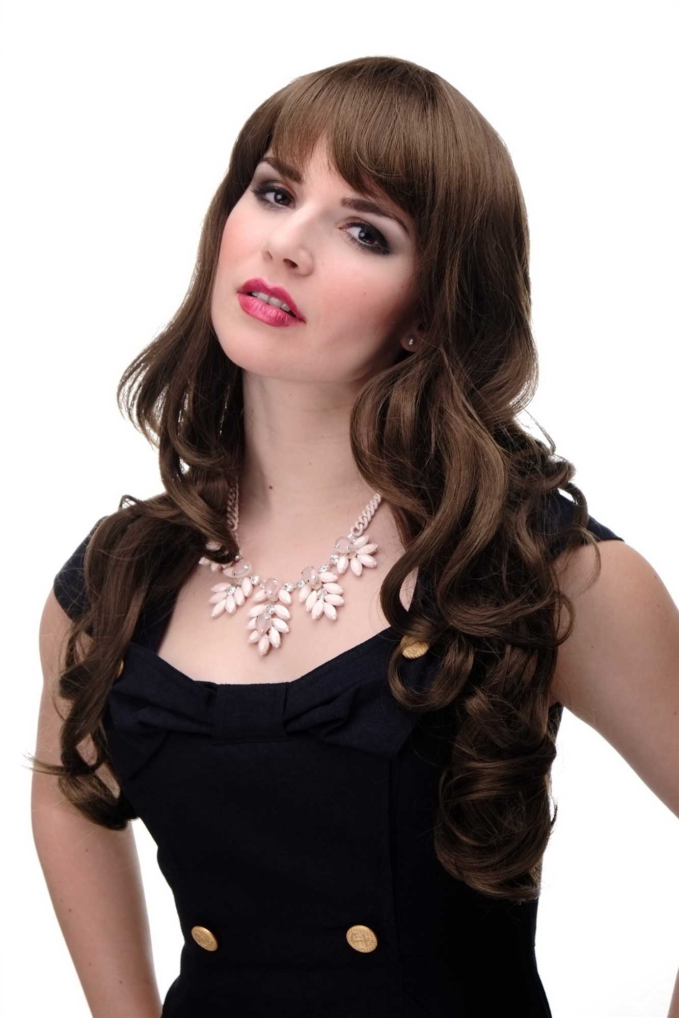 hochwertige Qualitätsperücken, Lange Damen Perücke mit großen kräftigen Locken Pony Mittel-Goldbraun 285-10, Vorderansicht, WIG ME UP: Ihr Perücken Online Shop lockige Tressen-Perücke mit Kopfhaut-Imitat Mittel-Goldbraun lange Haare für Damen