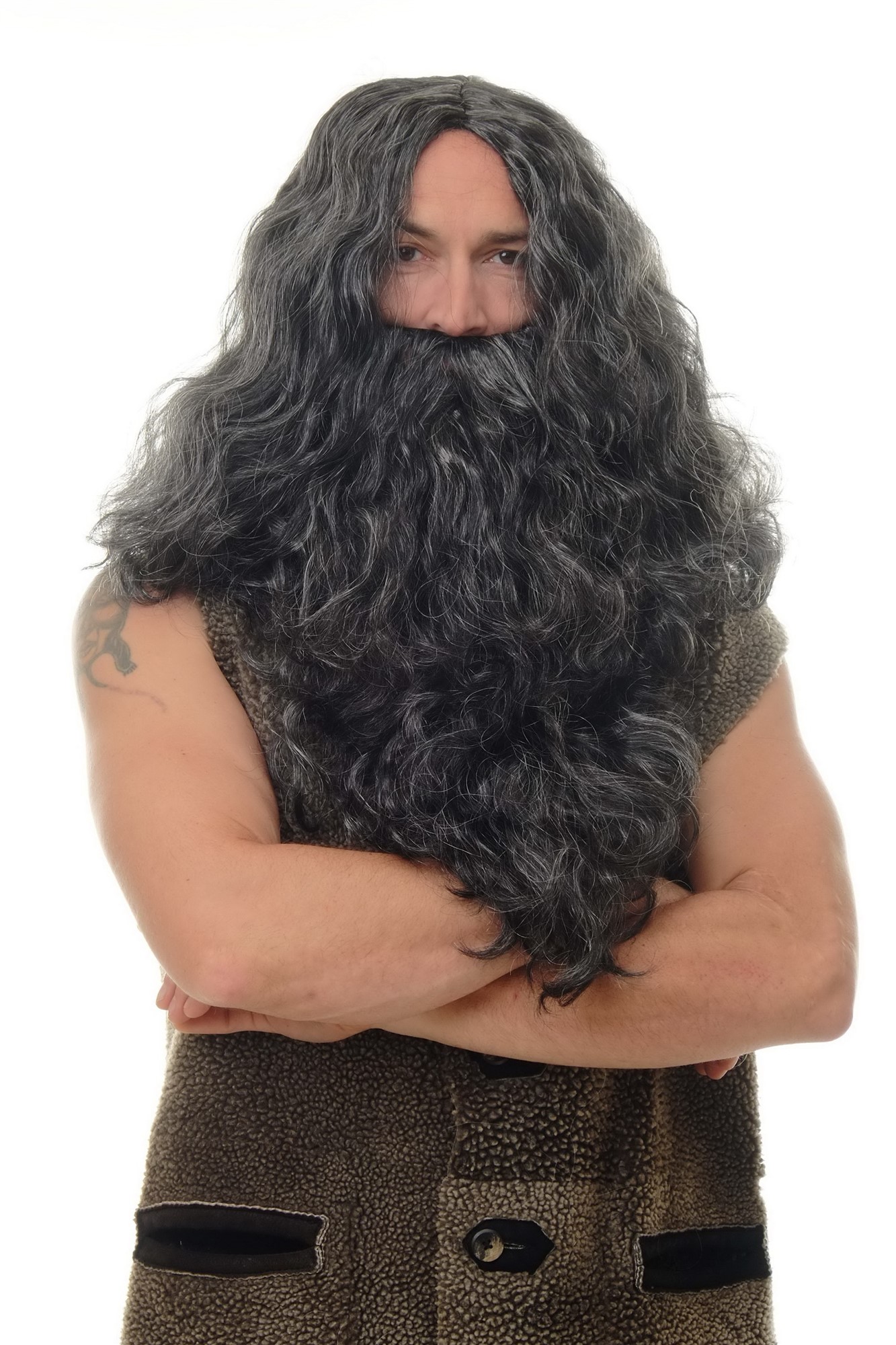 Wig & Beard set black prophet Sadhu Guru Jesus Hipster Viking Wild Man WIG011, front view, WIG ME UP: Your Perücken Online Shop Party Wig, Men, Black, wavy, shoulder-length
