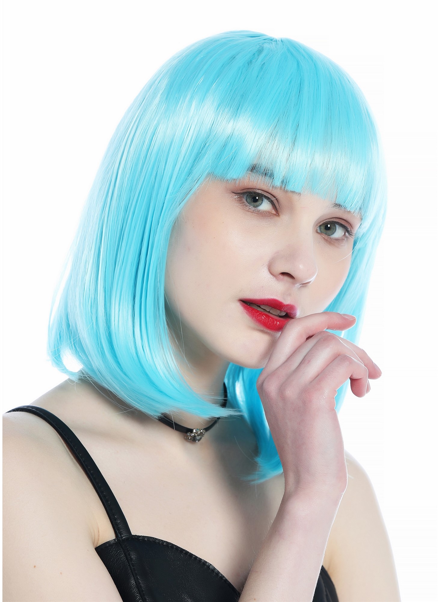 Wig Ladies Women Halloween Carnival short smooth longbob bangs light blue CW-052, view 4, WIG ME UP: Your Perücken Online Shop Party Wig, Ladies, baby blue, straight, short