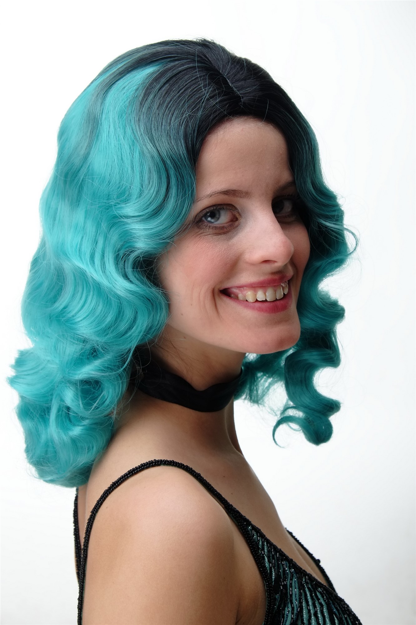 Quality Wigs, Ladies, turquoise green-deep black mix, wavy, shoulder-length