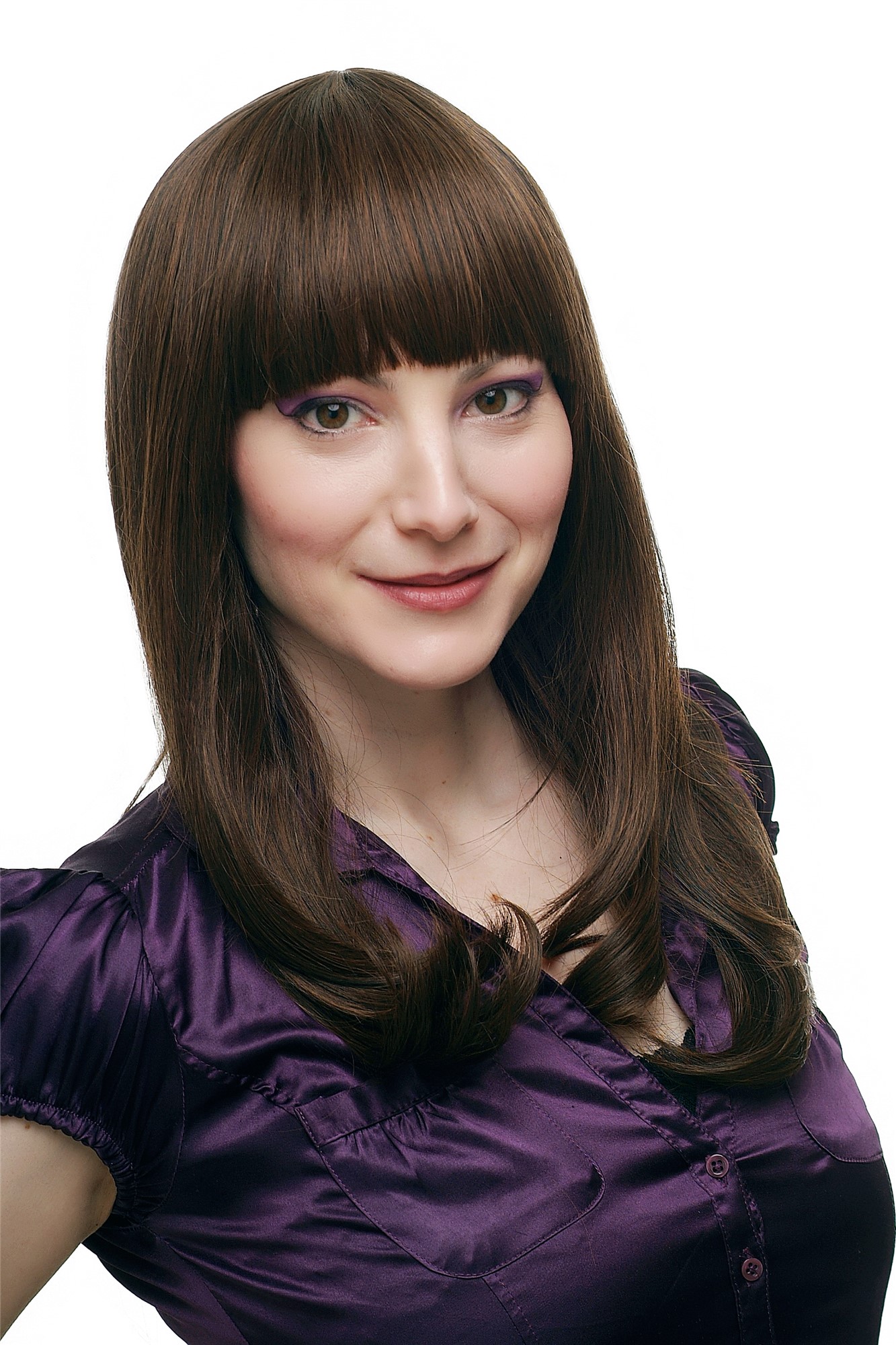 Lady  Wig shoulder length long straight sexy fringe dark brown mix chestnut mahogani 50 cm, front view, WIG ME UP: Your Perücken Online Shop Quality Wigs, Ladies, black-brown-copper brown, straight, long