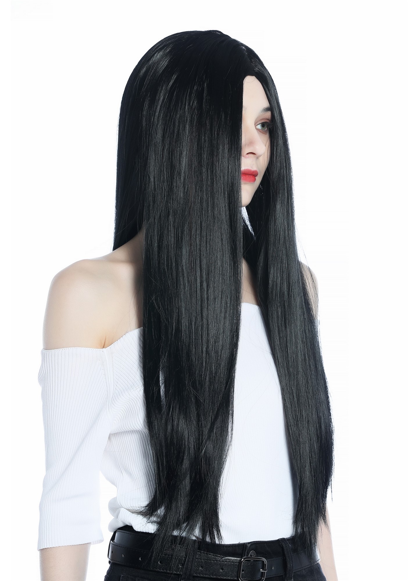 günstige Party Perücke, Perücke lang glatt Mittelscheitel schwarz Gothic CW-049-K1, Ansicht 2, WIG ME UP: Ihr Perücken Online Shop glatte Party Perücke Tiefschwarz lange Haare für Damen