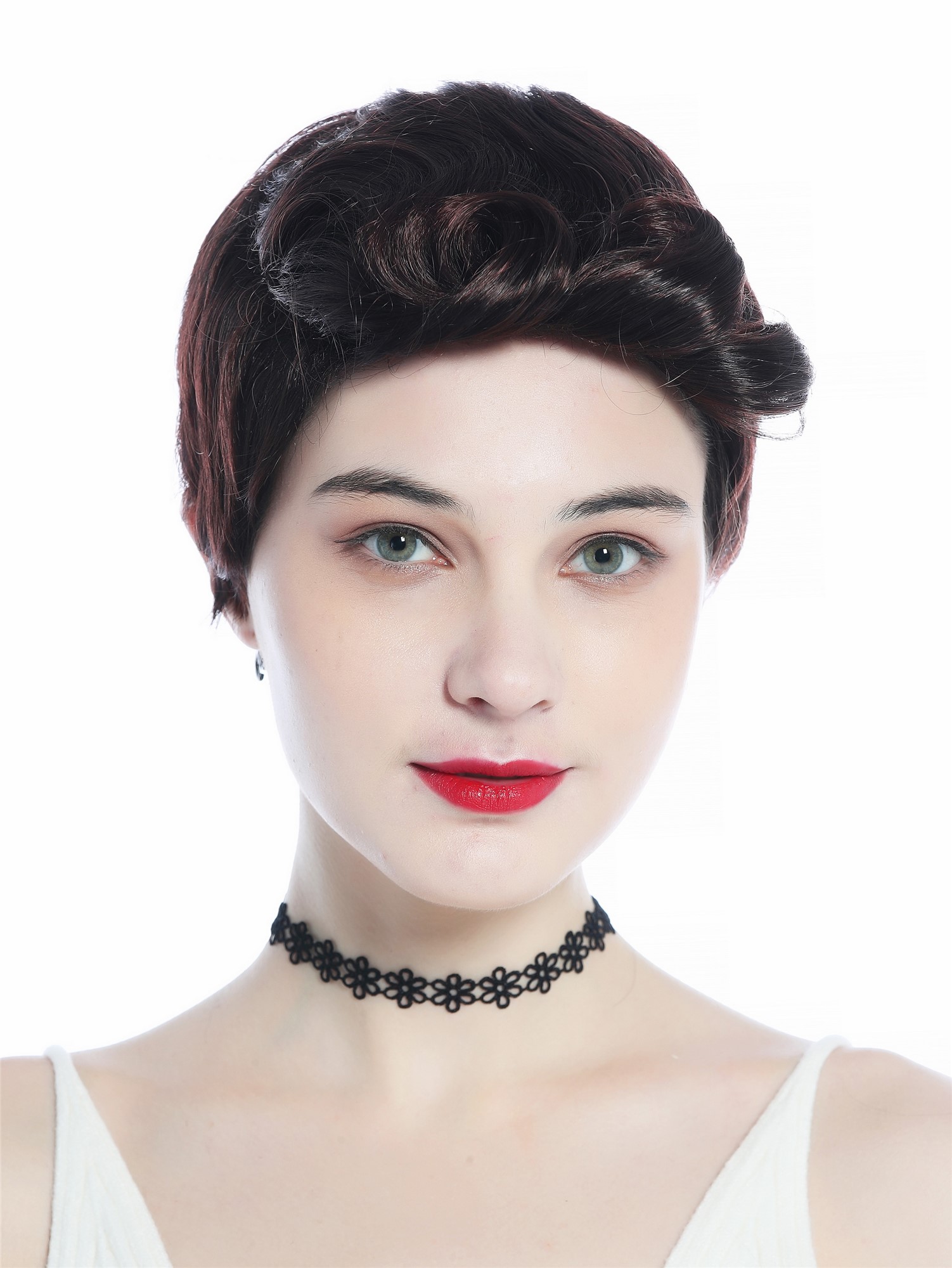 hochwertige Qualitätsperücken, Perücke unisex kurz glatt gelockte Tolle Mahagoni Braun Mix DW3333-2T33, Ansicht 2, WIG ME UP: Ihr Perücken Online Shop lockige Tressen-Perücke Braun-Rot-Mix kurze Haare für Unisex