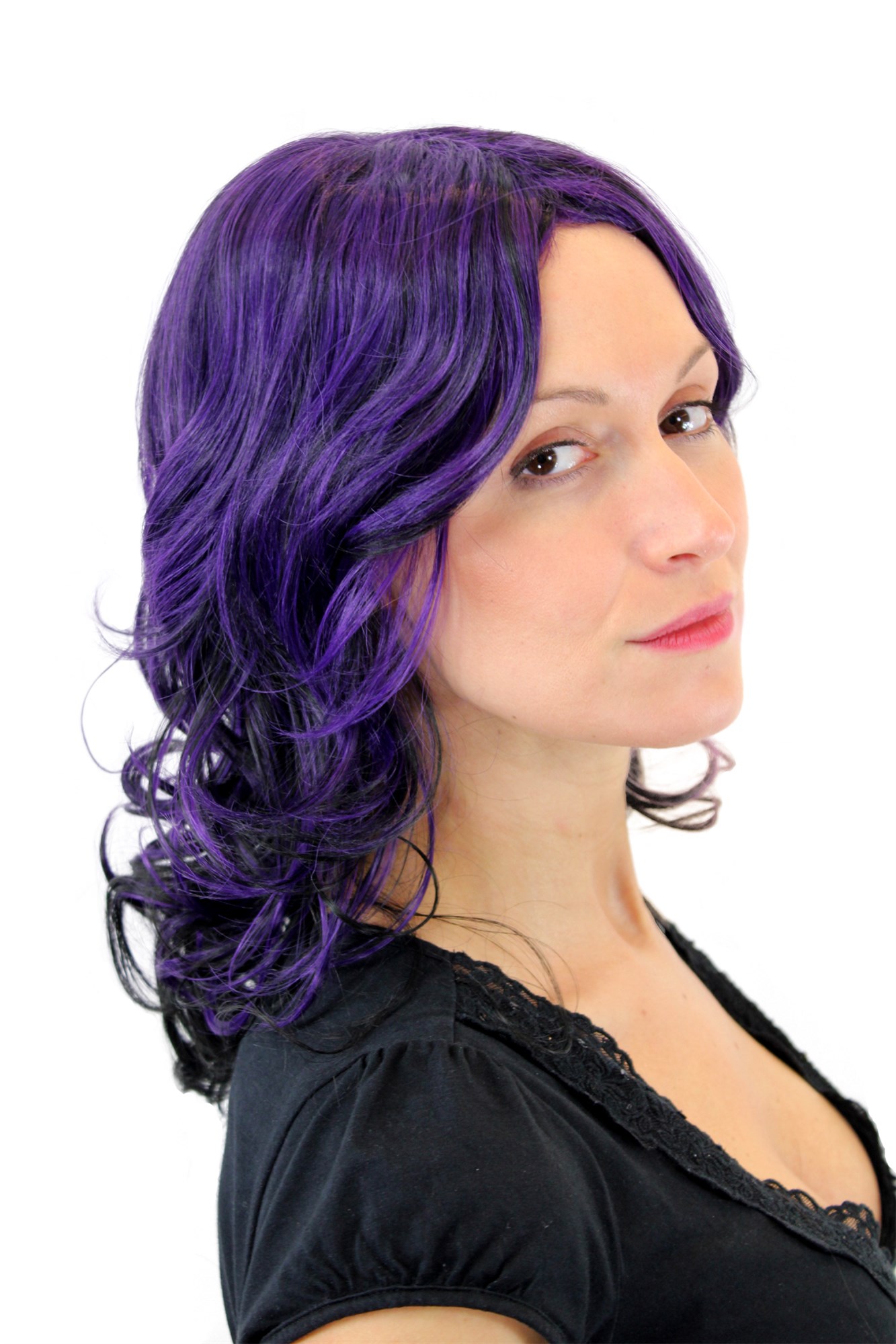 GLAMOROUS Lady  Wig BLACK with PURPLE curled bouncing ends SHOULDER LENGTH middle parting, view 4, WIG ME UP: Your Perücken Online Shop Quality Wigs, Ladies, black and purple, curled, shoulder-length