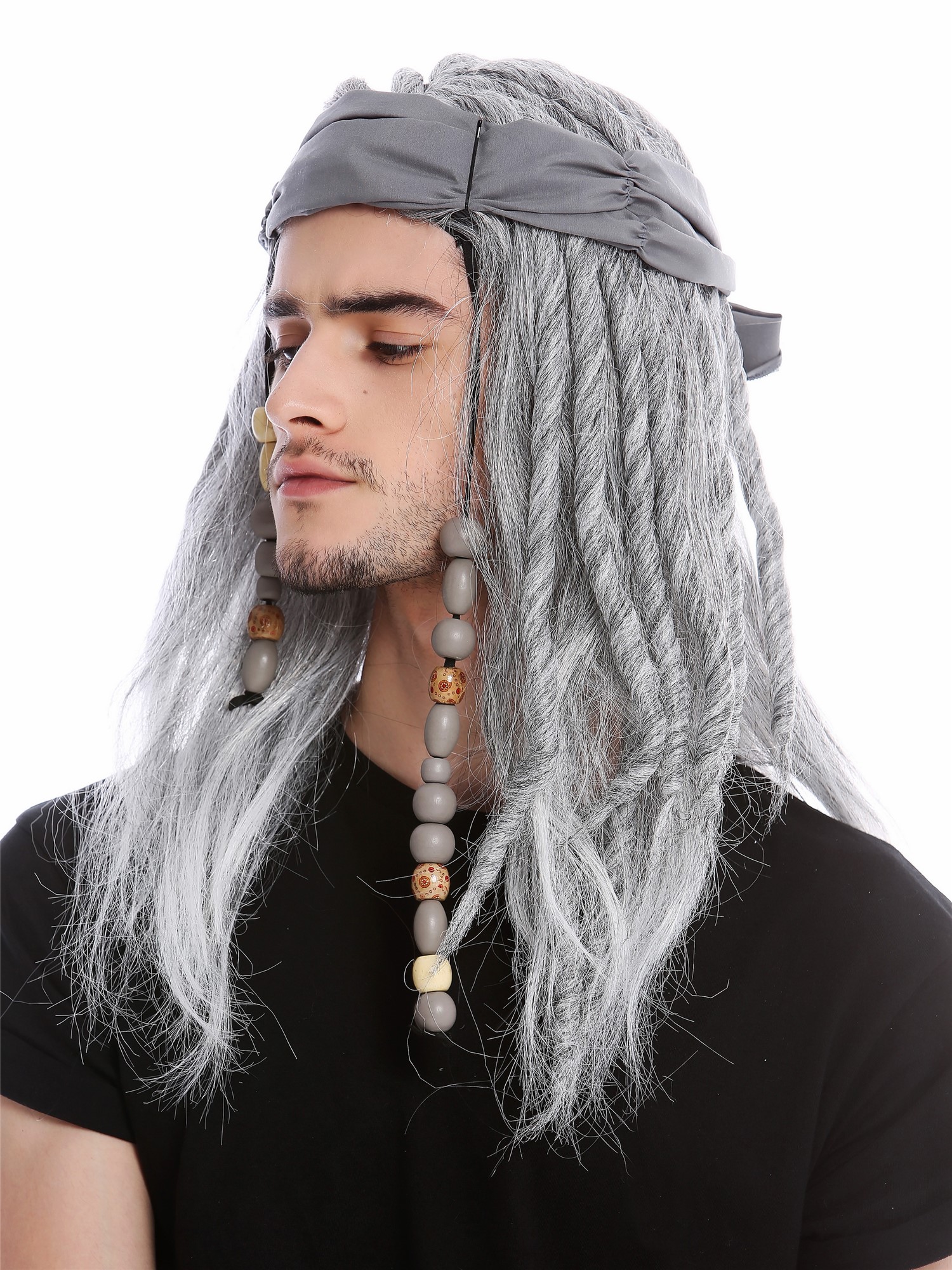 Pirate Wig Bandana Men Women long wild dreadlocks rasta old aged gray grey 91531, view 3, WIG ME UP: Your Perücken Online Shop Party Wig, Unisex, Gray,Dreads, straight, long