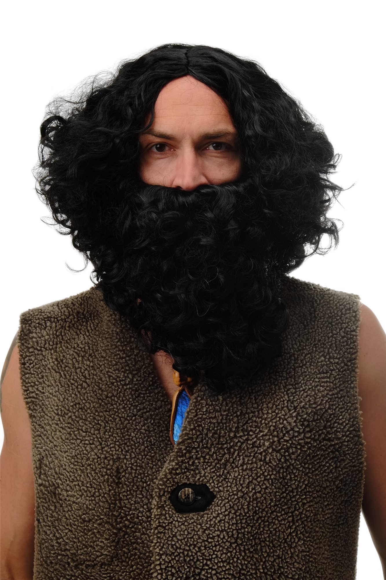 Man Party Set Wig & Beard black unruly Taliban Bandit Prophet Hermit 8115-A+B, front view, WIG ME UP: Your Perücken Online Shop Party Wig, Men, Black, curled, shoulder-length