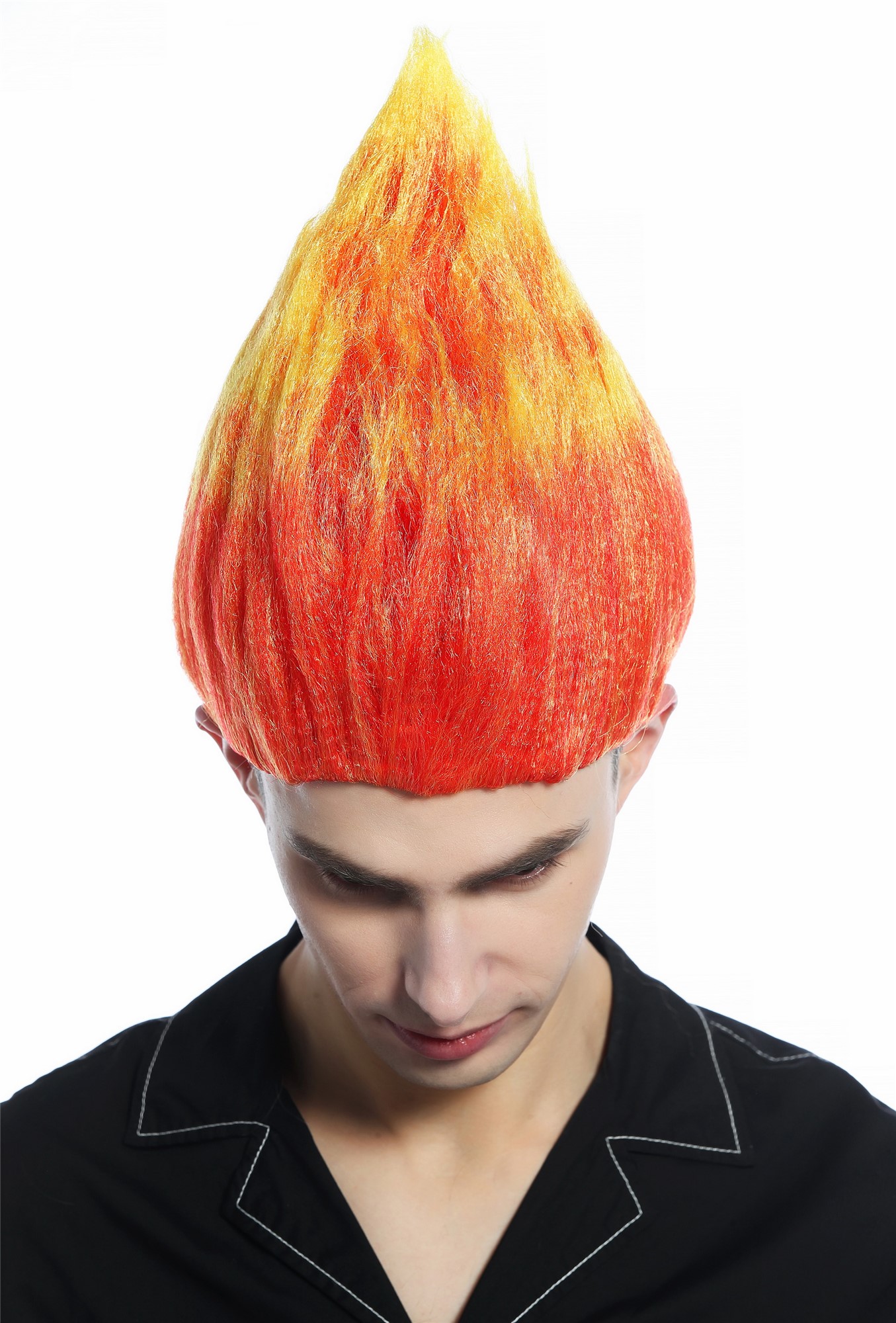 Wig teased pointy red yellow tips flower troll puck fire demon devil CW-057 , front view, WIG ME UP: Your Perücken Online Shop Party Wig, Unisex, neon red with yellow tips, wavy, short