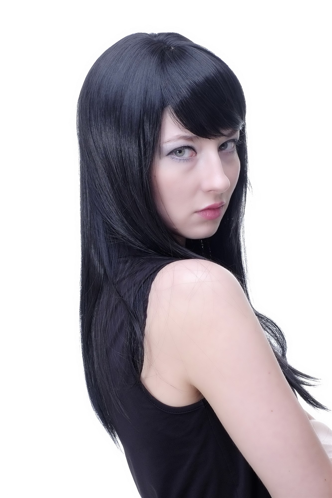 Lady women wig medium long straight sleek fringe bangs off black Goth Emo 3280, view 2, WIG ME UP: Your Perücken Online Shop Quality Wigs, Ladies, black-brown, straight, long