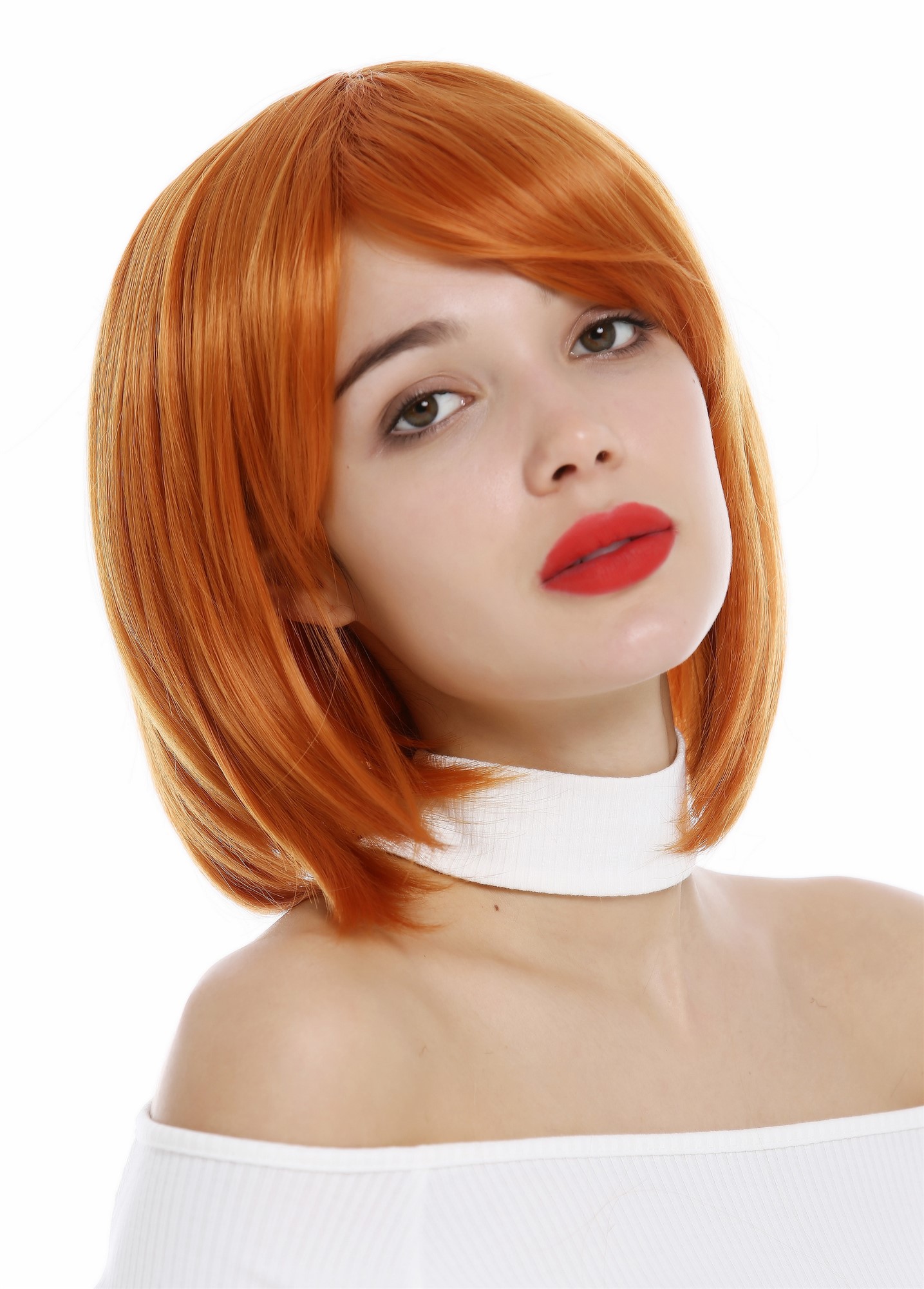 hochwertige Qualitätsperücken, Perücke Damen Long Bob Longbob mit Scheitel volles Haar Orange 1215-T2735, Vorderansicht, WIG ME UP: Ihr Perücken Online Shop glatte Tressen-Perücke mit Kopfhaut-Imitat Orangerot kurze Haare für Damen