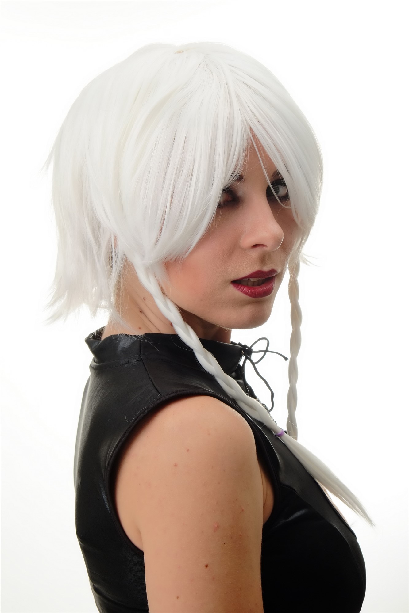 Lady Party Wig Cosplay short Bob with long plaits braids white Goth Emo PT0042, view 3, WIG ME UP: Your Perücken Online Shop Party Wig, Ladies, White, Braided, long