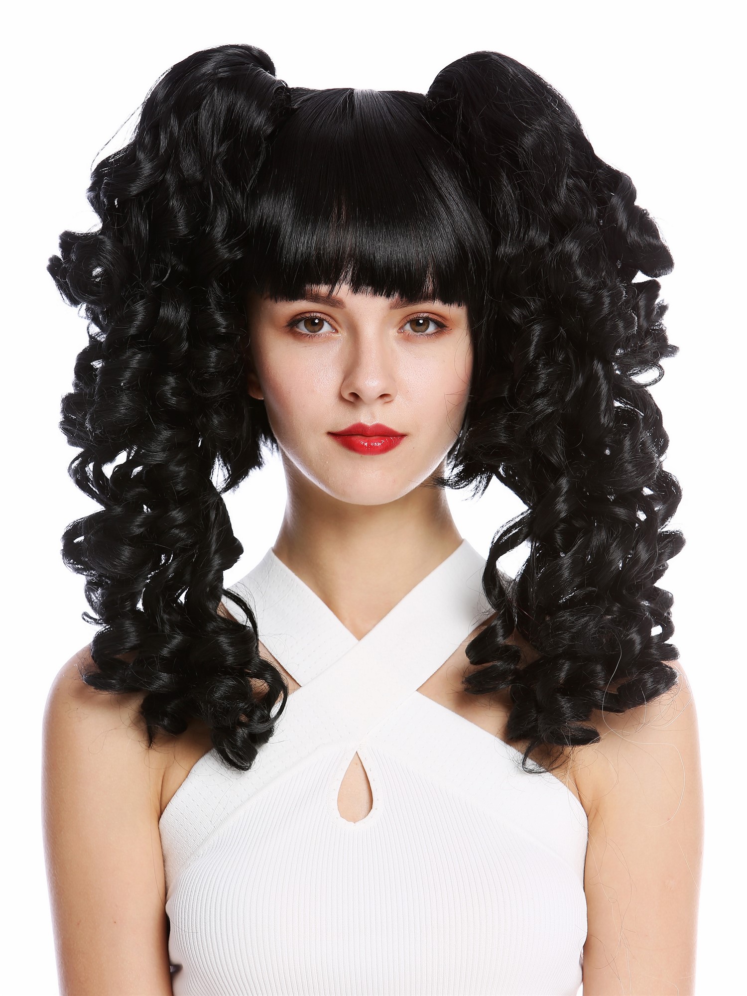 hochwertige Qualitätsperücken, Perücke Cosplay Lang Zöpfe Schwarz YZF-7080+A-1, Ansicht 4, WIG ME UP: Ihr Perücken Online Shop lockige Tressen-Perücke mit Kopfhaut-Imitat Schwarz schulterlange Haare für Damen