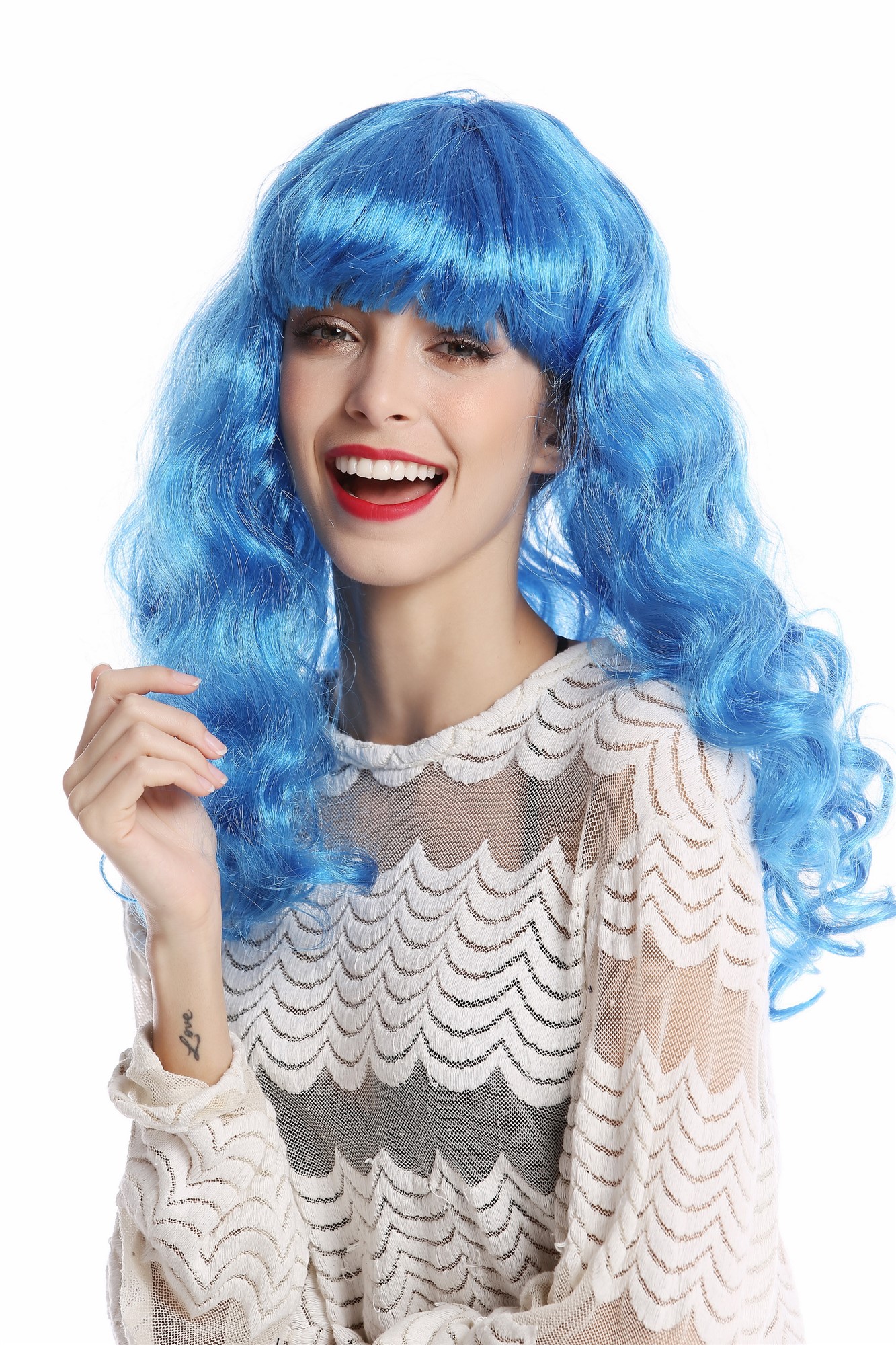 günstige Party Perücke, Perücke lang wellig Pony hellblau 91065-ZA43, Ansicht 2, WIG ME UP: Ihr Perücken Online Shop wellige Party Perücke Blau lange Haare für Damen