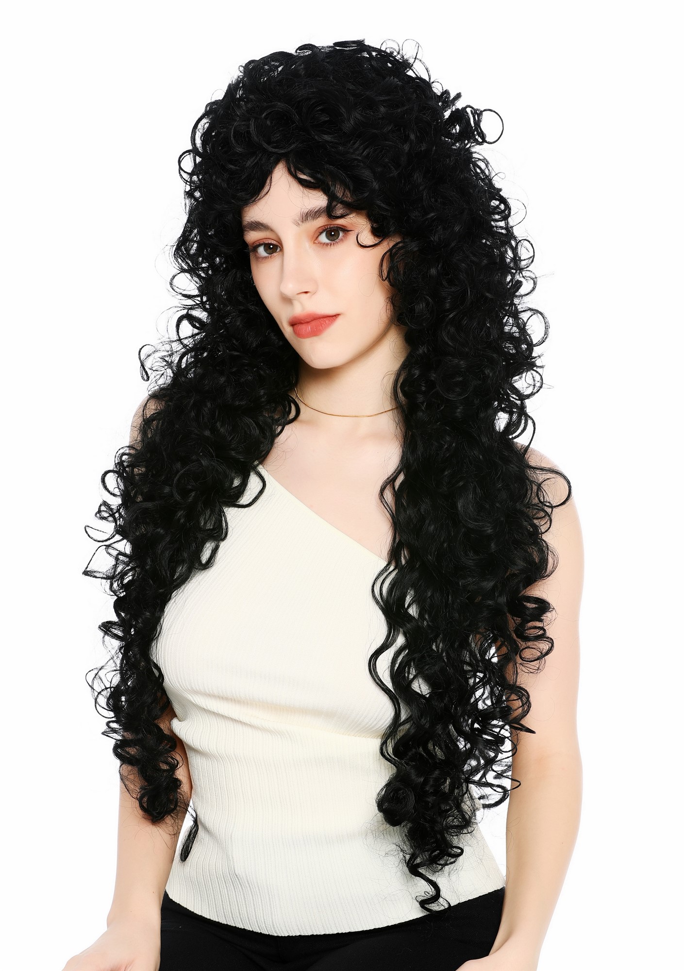 Perücke Damen sehr lang wild gelockt Locken Schwarz Tiefschwarz 80 cm VK-59-1