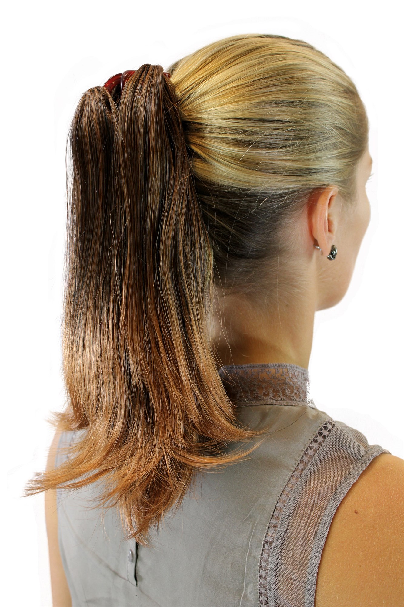 JL-0043-2T30 Ponytail Hairpiece extension medium length straight dark brown streaked with light copper brown highlighs chestnut claw clamp 12", front view, WIG ME UP: Your Perücken Online Shop Ponytails, Brown, straight, short