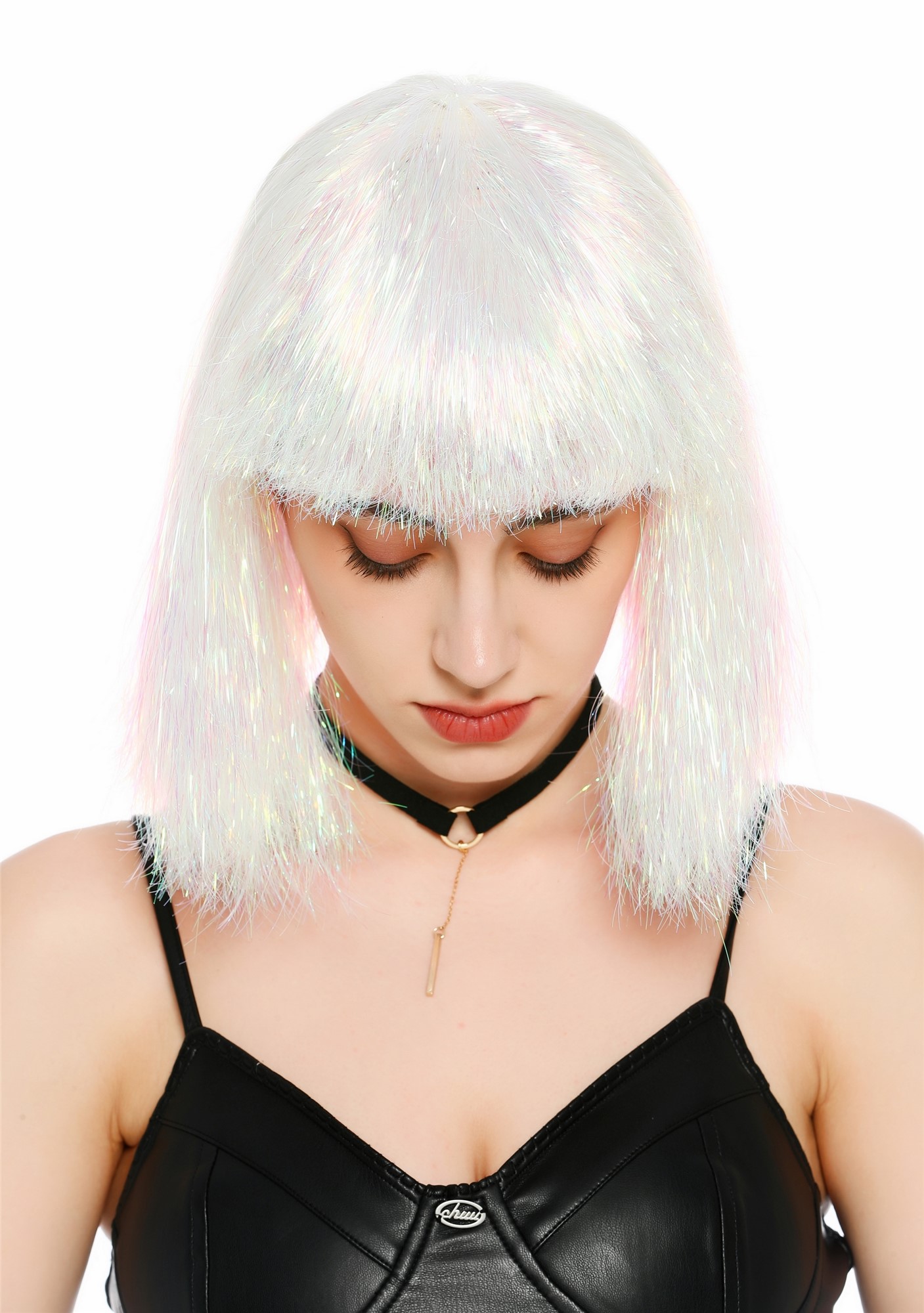 Perücke Damen Glitzer Lametta Tinsel Look Longbob Pony Disco Glam Weiß Rosa VK-42-TN13