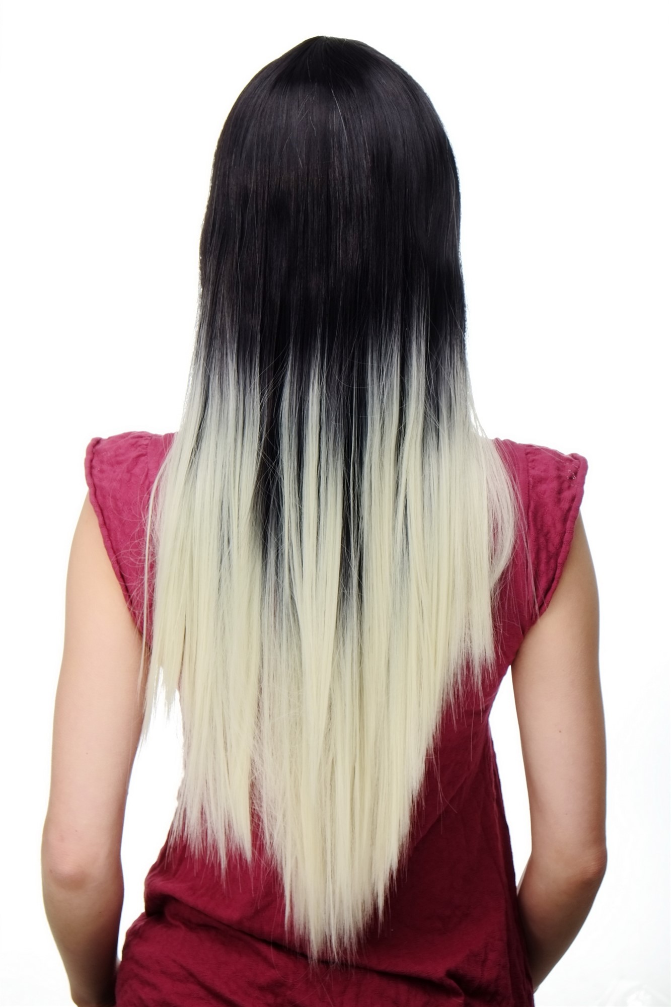 hochwertige Qualitätsperücken, Perücke Ombre Schwarz Platin Glatt Mittelscheitel H9701-2F613, Ansicht 4, WIG ME UP: Ihr Perücken Online Shop glatte Tressen-Perücke mit Kopfhaut-Imitat Schwarz-Platinblond sehr lange Haare für Damen