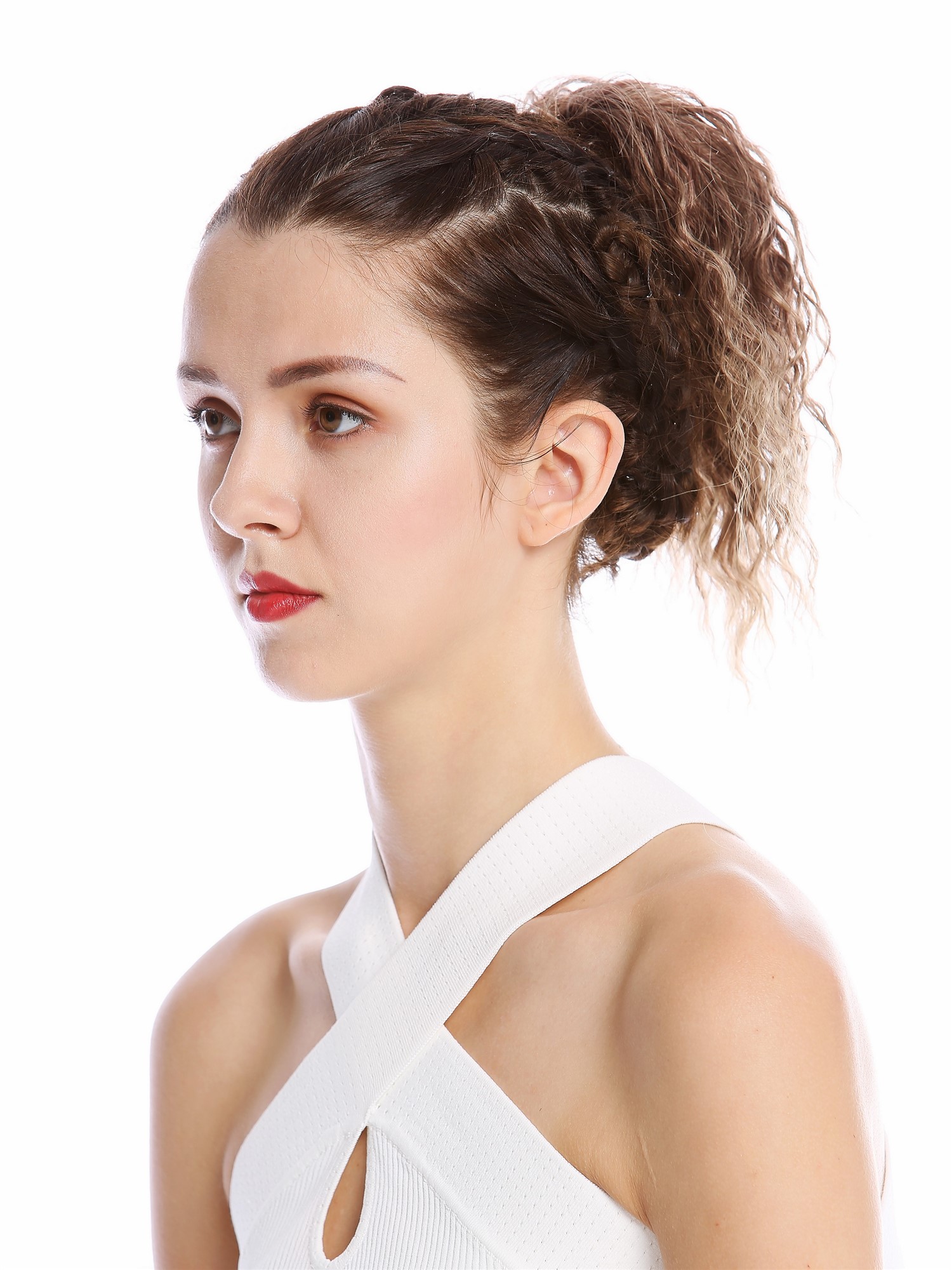 Ponytail short voluminous curled kinks blond with mahogany auburn streaks N67A, view 3, WIG ME UP: Your Perücken Online Shop Ponytails, blonde-brown mix, curled, short