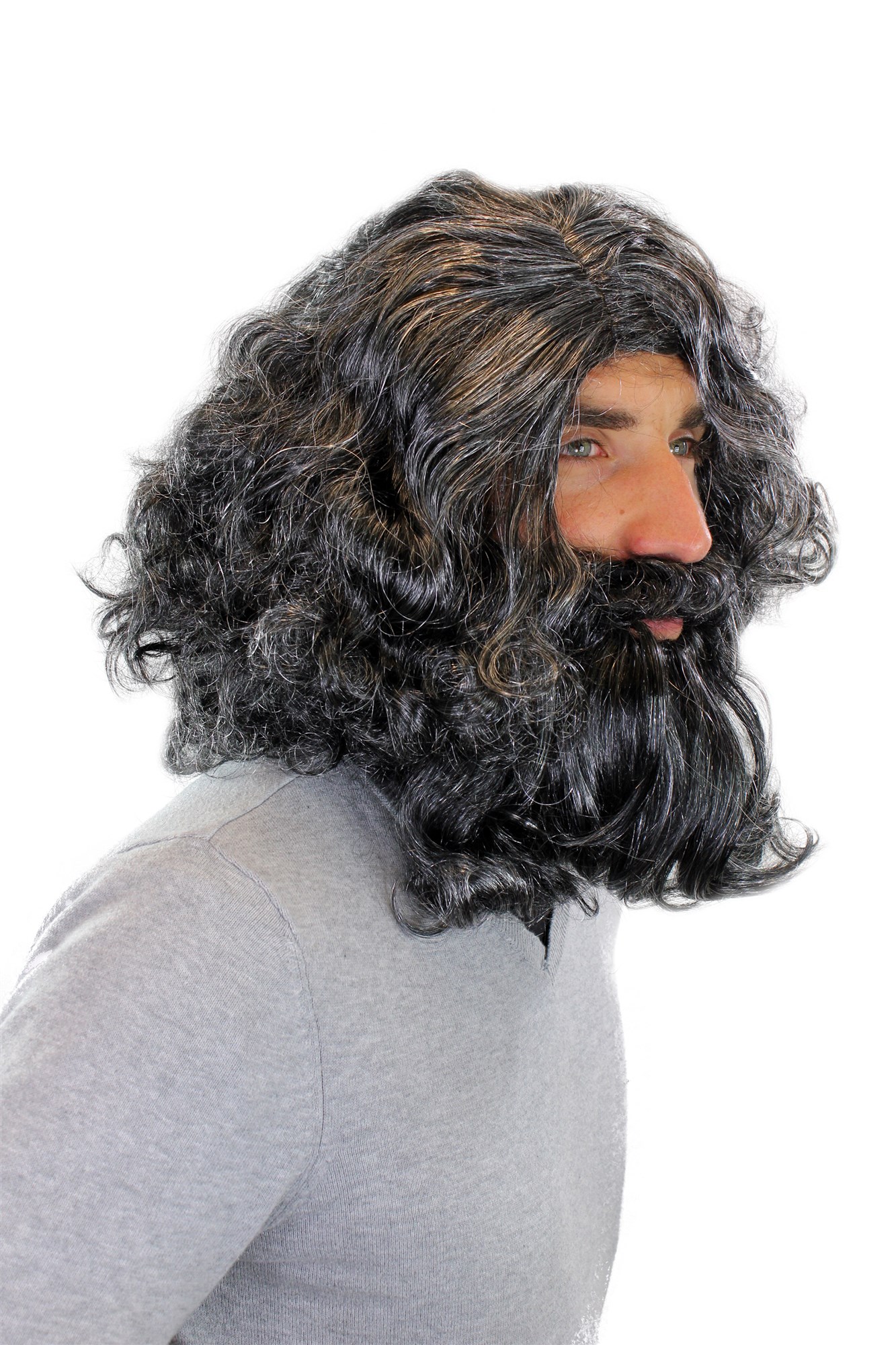 günstige Party Perücke, Perücke & Bart Urmensch Neandertaler Schwarz-Grau-Mix 6098, Ansicht 6, WIG ME UP: Ihr Perücken Online Shop wellige Party Perücke Grau schulterlange Haare Unisex