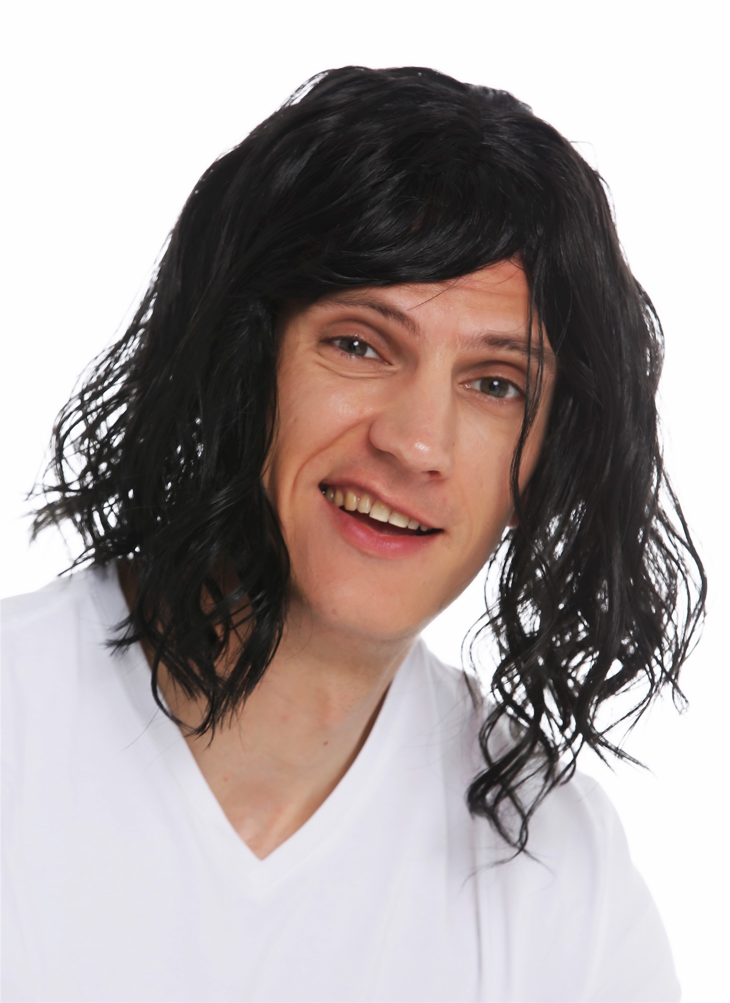 Wig carnival Halloween men man long wild frizzy lanky black bad hair day 31914, front view, WIG ME UP: Your Perücken Online Shop Party Wig, Unisex, pitch black, wavy, short