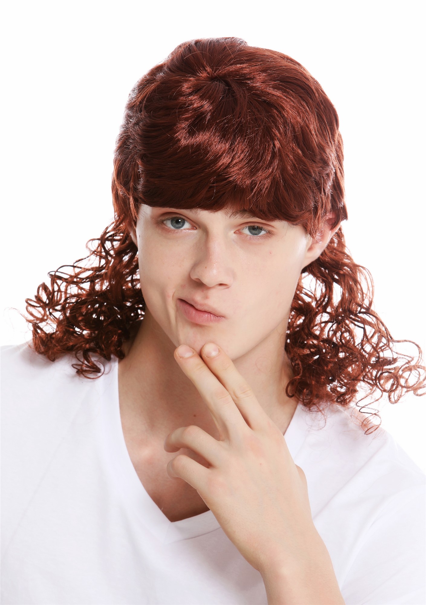 günstige Party Perücke, Perücke Vokuhila Schlager Sänger Rotbraun Lockig 60893-P340, Vorderansicht, WIG ME UP: Ihr Perücken Online Shop lockige Party Perücke Braun schulterlange Haare Unisex
