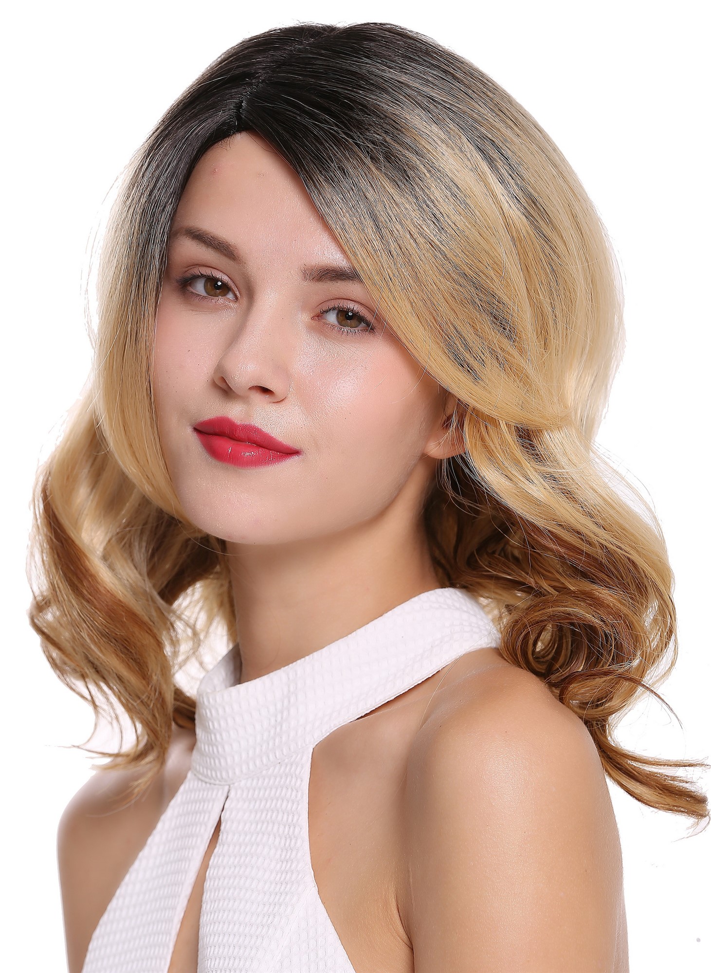 wellige Tressen-Perücke mit Front-Lace Kupferblond-Erdbeerblond-Platinblond-Samtschwarz-Mix schulterlange Haare für Damen