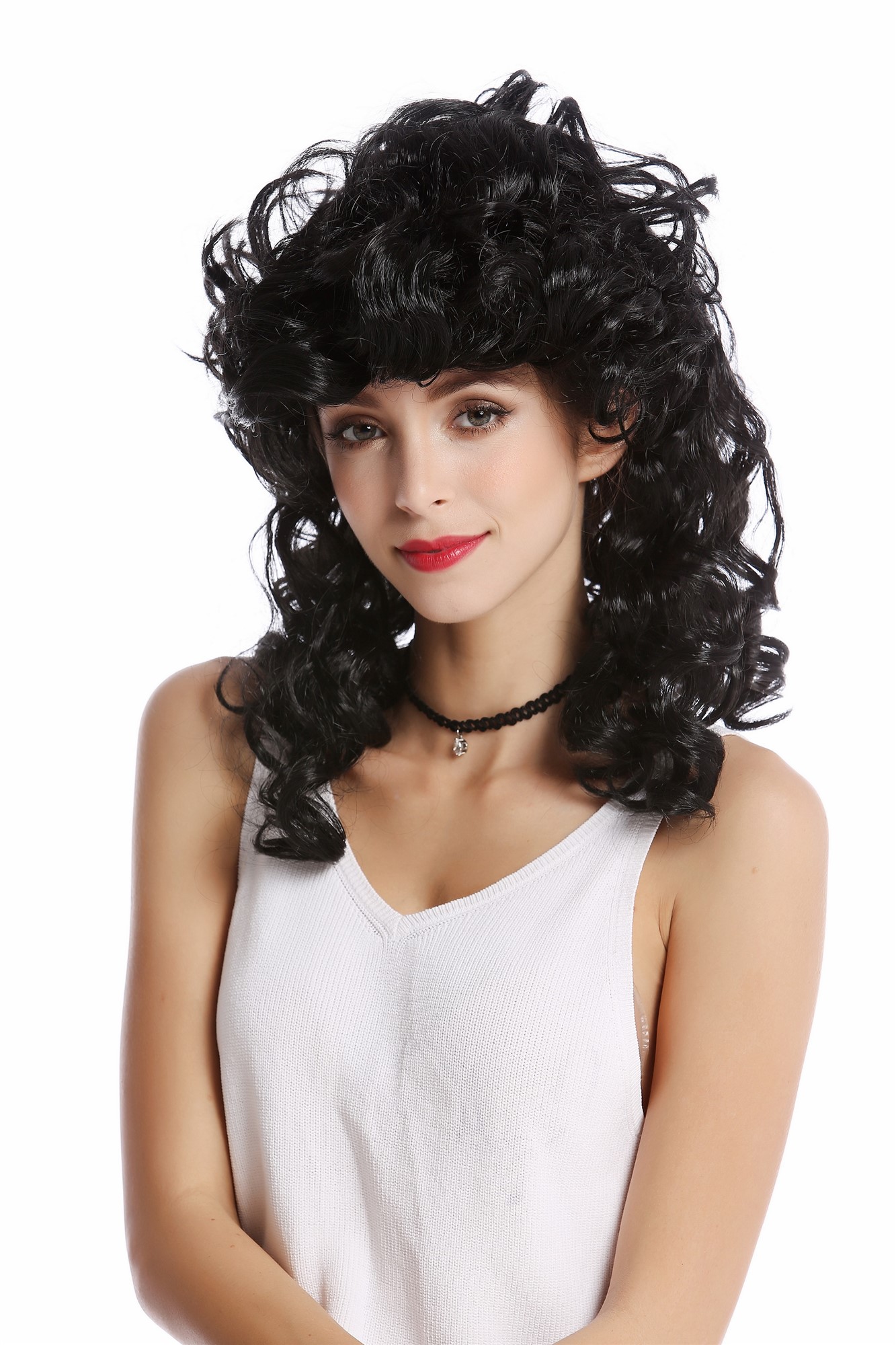 Wig Lady Women Halloween long curly curls teased Greek Goddess black 0548, front view, WIG ME UP: Your Perücken Online Shop Party Wig, Ladies, Black, curled, long