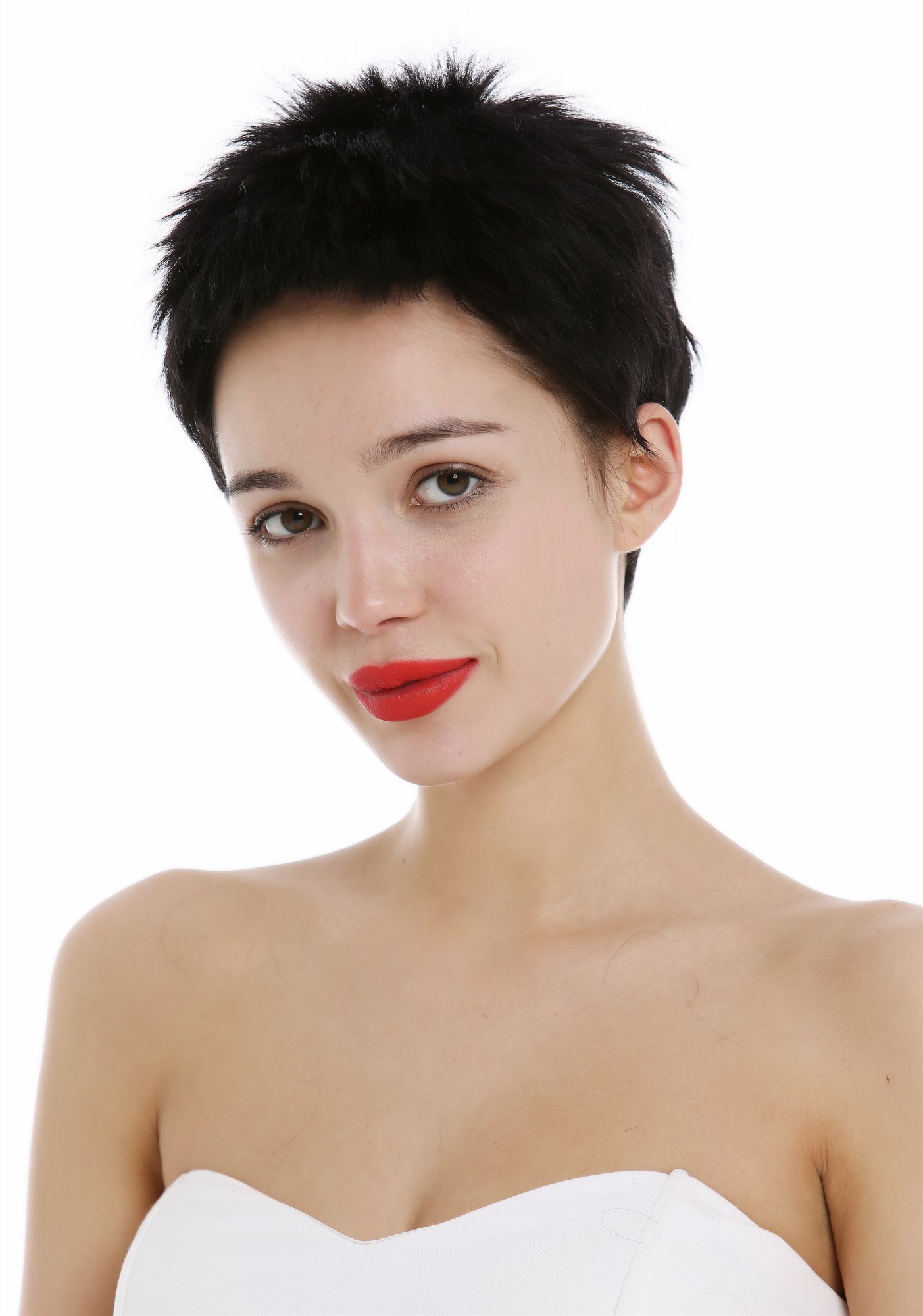 hochwertige Qualitätsperücken, Perücke Echthaar Damen Herren kurz fransig Pixie Igel Schwarz M276 HH-1, Vorderansicht, WIG ME UP: Ihr Perücken Online Shop glatte Tressen-Perücke Schwarz kurze Haare für Damen