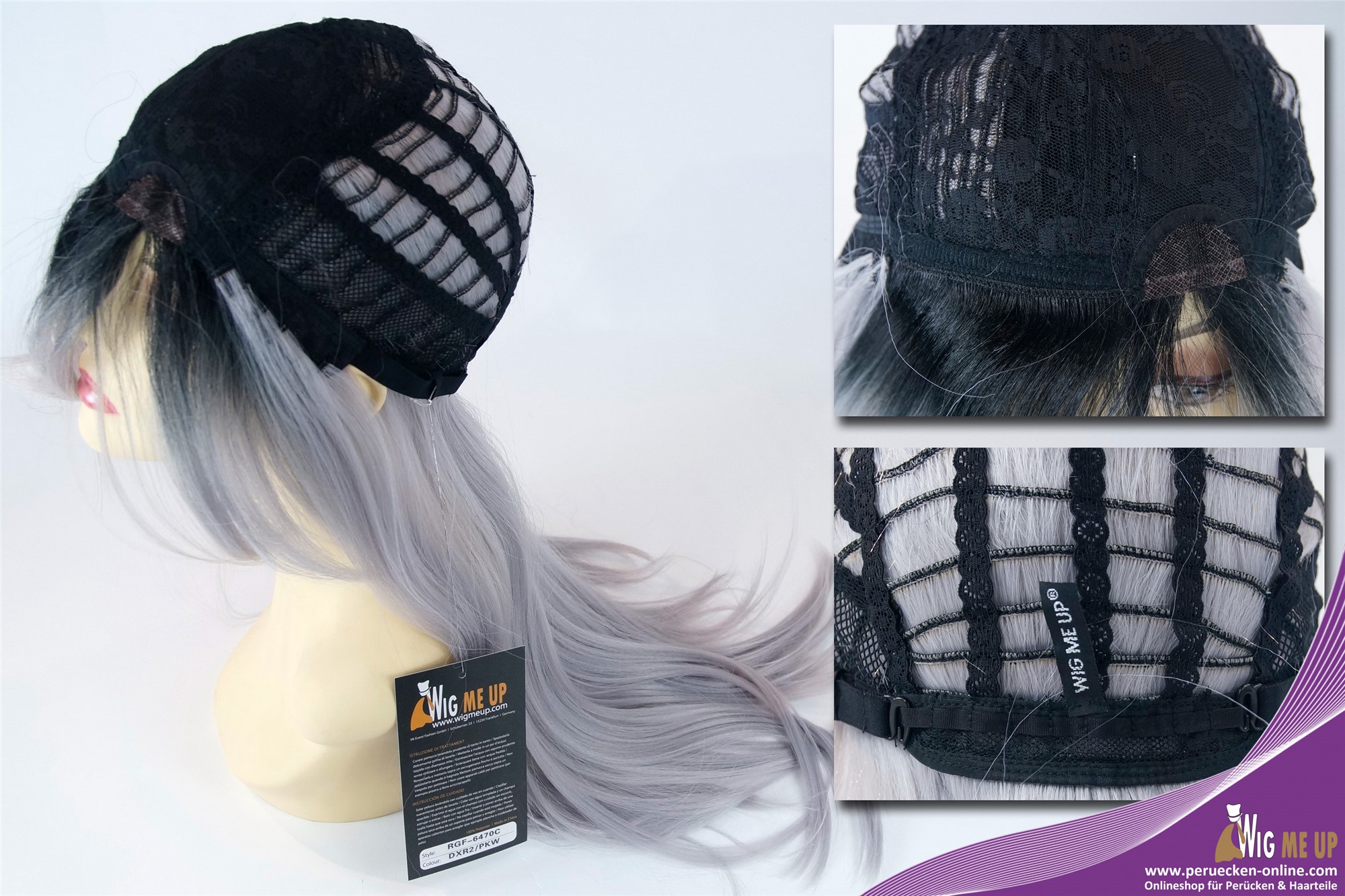 hochwertige Qualitätsperücken, Perücke lang glatt Scheite Ombre Schwarz Grau lRGF-6470C-DXR2PKW-grey, Ansicht 7, WIG ME UP: Ihr Perücken Online Shop glatte Tressen-Perücke mit Kopfhaut-Imitat Schwarz-Grau-Mix lange Haare für Damen