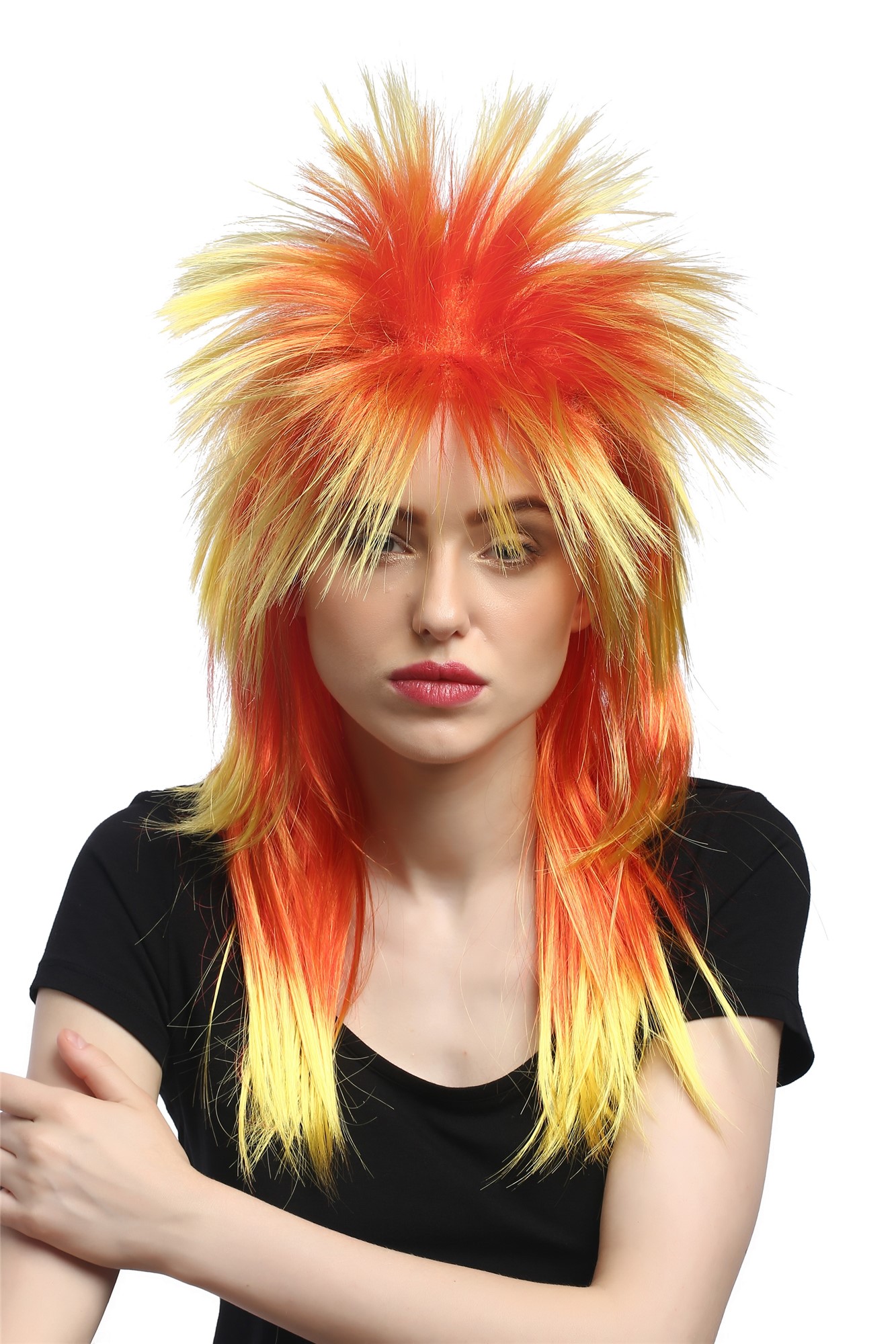 Wig Ladies Men Halloween Carnival 80s Glam Punk Wave Pop mullet with spiky hair yellow red, view 2, WIG ME UP: Your Perücken Online Shop Party Wig, Unisex, yellow, red, wavy, long