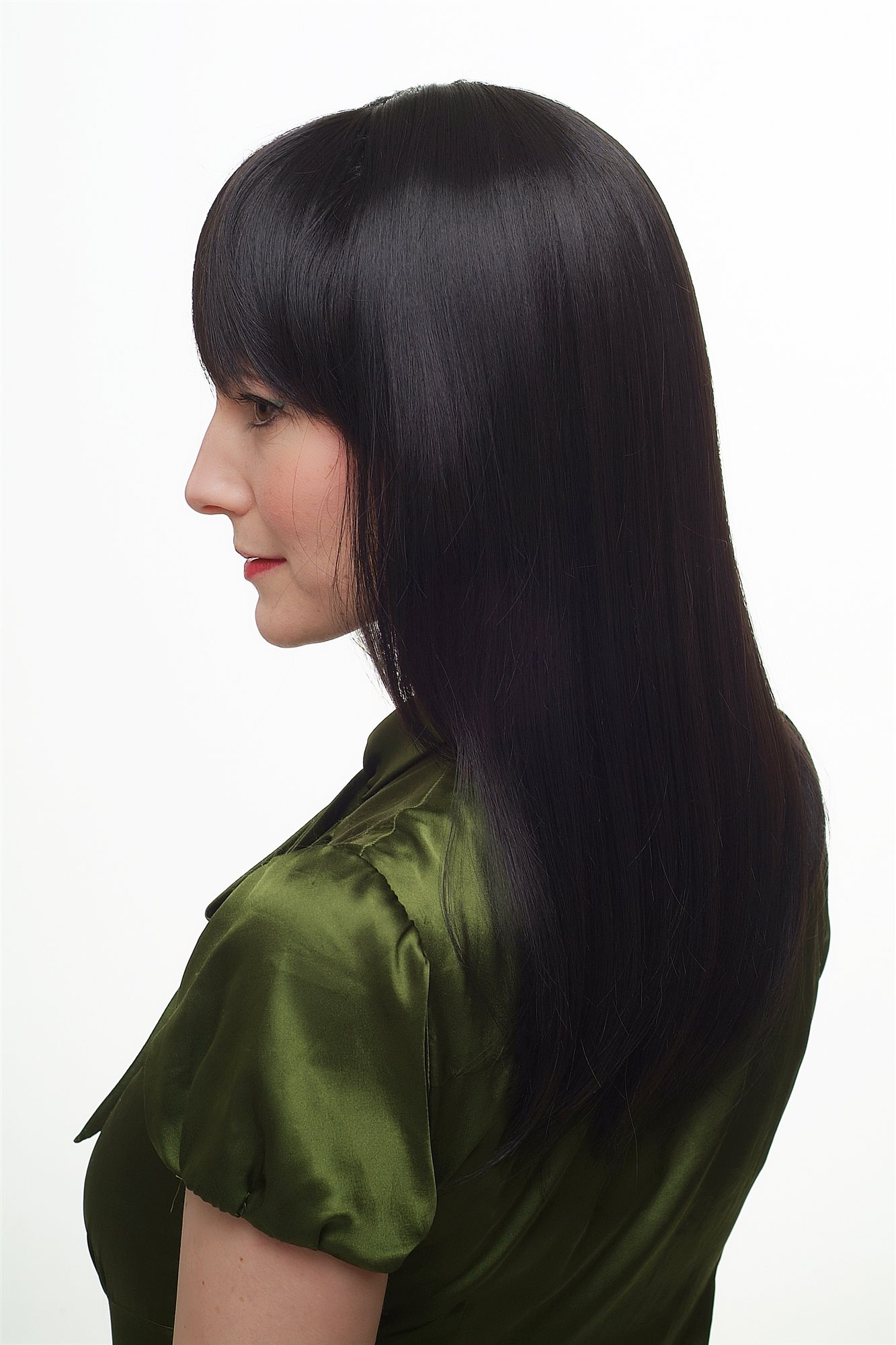 hochwertige Qualitätsperücken, Frauen Perücke schwarz halblang glatt fallend kesser Pony 3112-2, Ansicht 3, WIG ME UP: Ihr Perücken Online Shop glatte Tressen-Perücke mit Kopfhaut-Imitat Schwarzbraun schulterlange Haare für Damen