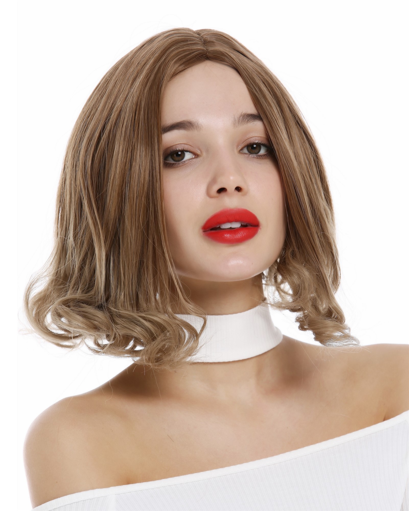 hochwertige Qualitätsperücken, Perücke kurz Bob Mittelscheitel gelockte Spitzen Braun Blond gesträhnt YZF-4369-12T16, Ansicht 4, WIG ME UP: Ihr Perücken Online Shop lockige Tressen-Perücke mit Kopfhaut-Imitat Hellbraun-Blond-Mix kurze Haare für Damen