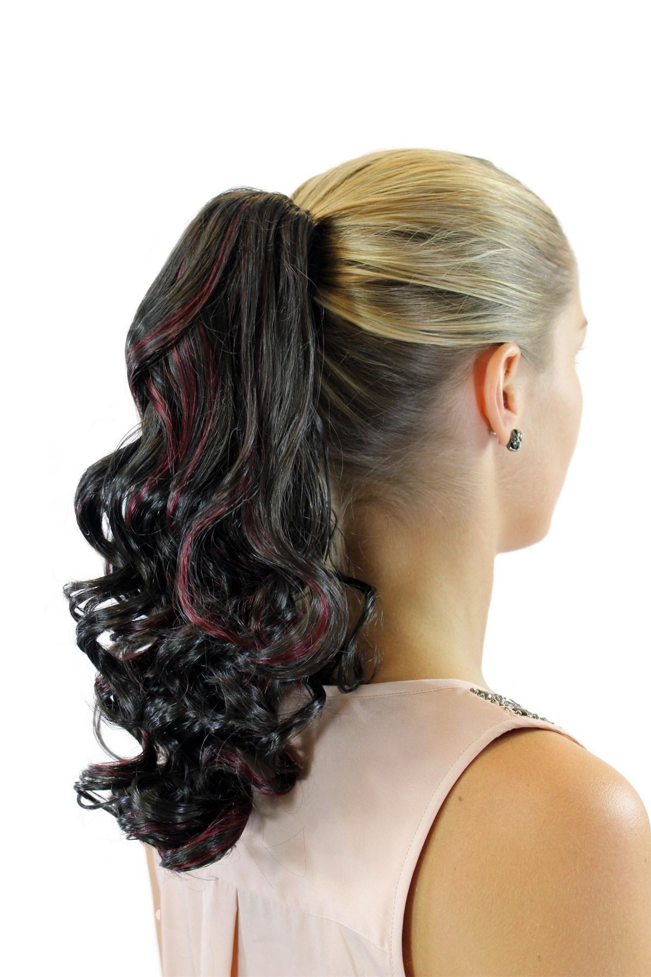 XF-0021-4H39R Ponytail Hairpiece extension medium shoulder length curled curls voluminous dark brown streaked with red 14", front view, WIG ME UP: Your Perücken Online Shop Ponytails, dark brown-red mix, curled, shoulder-length