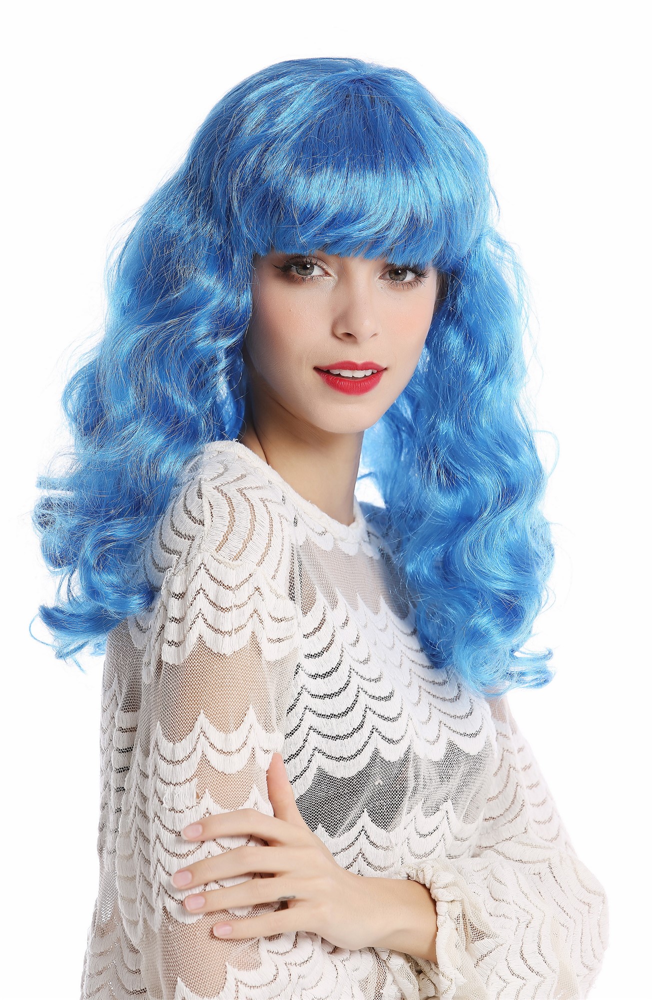 günstige Party Perücke, Perücke lang wellig Pony hellblau 91065-ZA43, Ansicht 4, WIG ME UP: Ihr Perücken Online Shop wellige Party Perücke Blau lange Haare für Damen