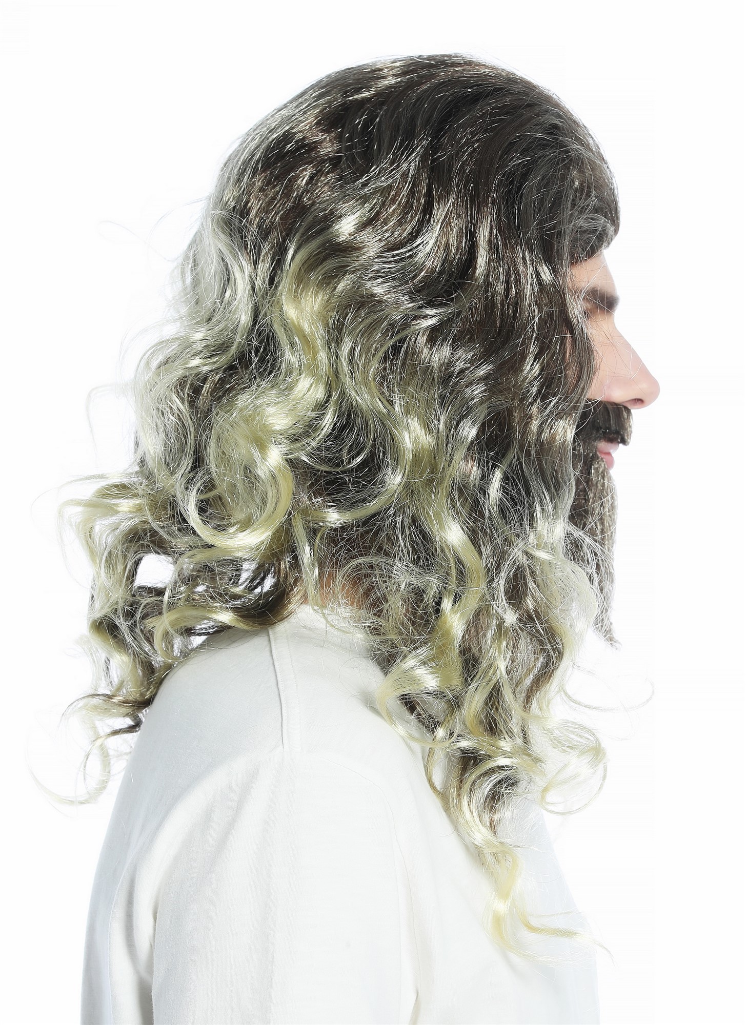 Wig & beard brown streaked with blond wild curled prophet hipster hermit CW-024, view 3, WIG ME UP: Your Perücken Online Shop Party Wig, Men, Brown,Blonde, wavy, shoulder-length