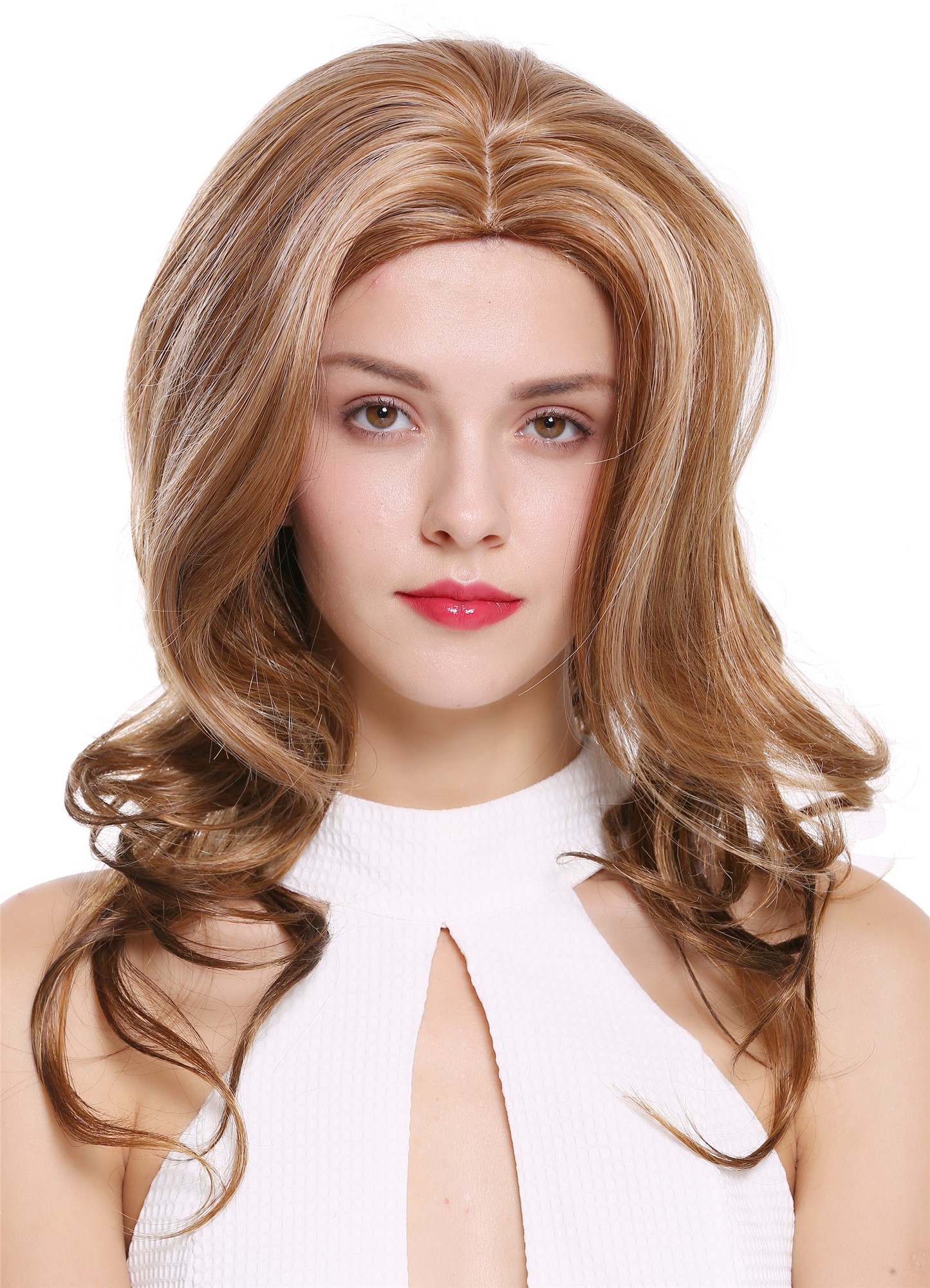 Women's wig long wavy soft curls middle parting brown blonde highlights DW1595, view 4, WIG ME UP: Your Perücken Online Shop Quality Wigs, Ladies, strawberry blonde-copper brown-platinum blonde mix, wavy, long