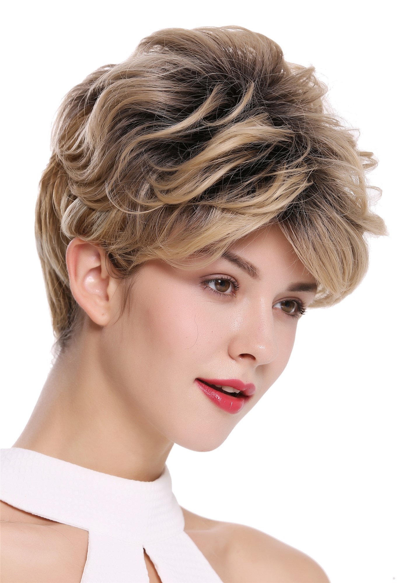 hochwertige Qualitätsperücken, Perücke kurz voluminös wellig Schwarz Blond Mix DW-2700-B27HB25DH613YS1B, Ansicht 2, WIG ME UP: Ihr Perücken Online Shop wellige Tressen-Perücke Blond-Schwarz-Mix kurze Haare für Damen