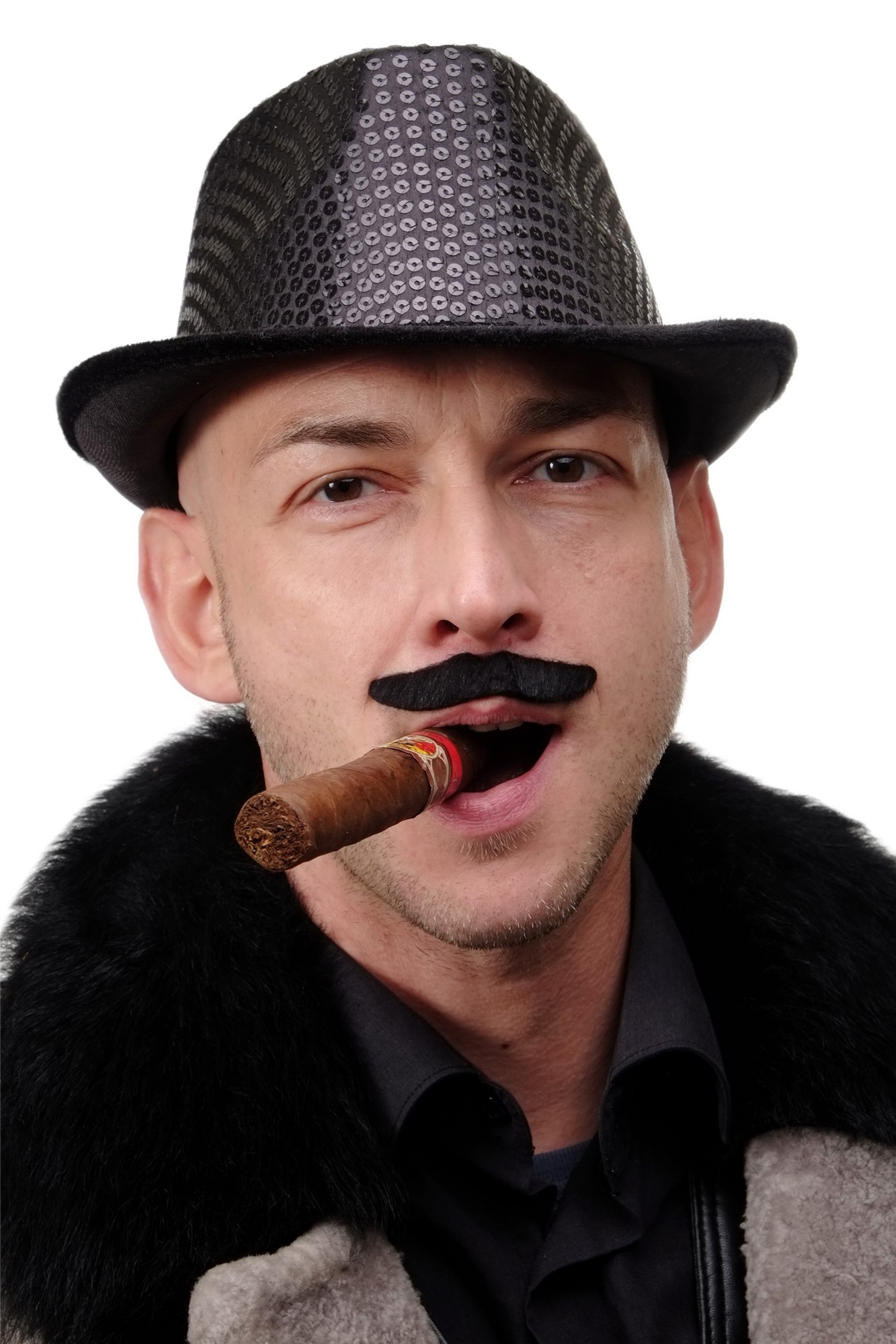 Fake moustache black 1920s Gangster Magician circus director glue strip MM-52, front view, WIG ME UP: Your Perücken Online Shop Party Wig, Men, Black