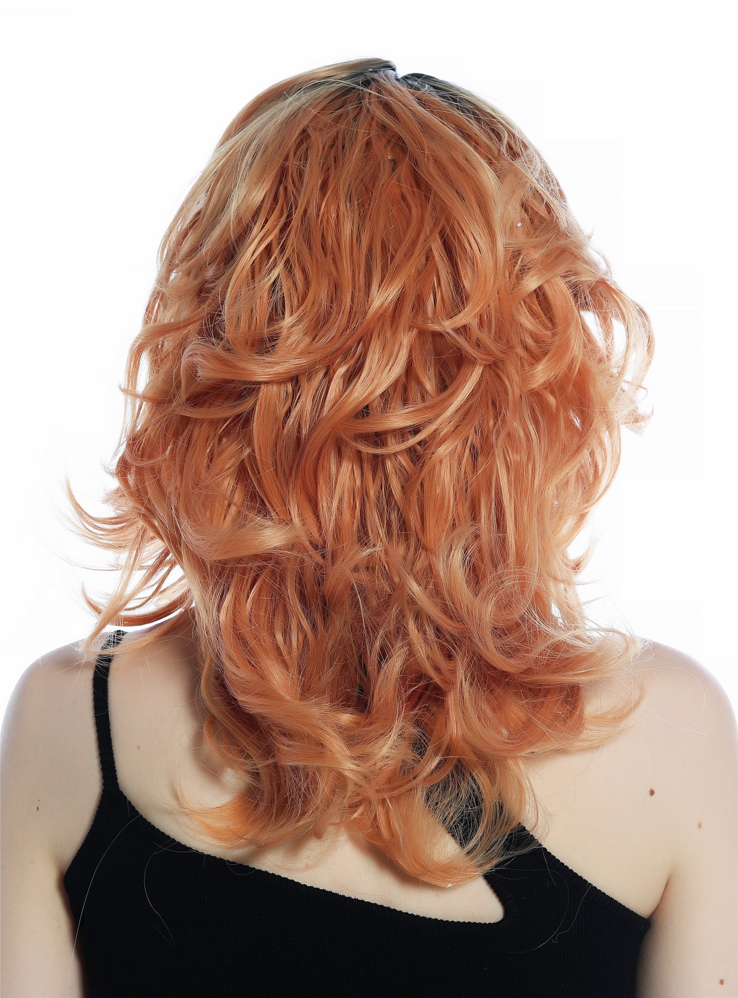 hochwertige Qualitätsperücken, Perücke wild struppig gewellt gelockt schulterlang Ombre Schwarz Kupferblond SZL0673-T-010, Ansicht 6, WIG ME UP: Ihr Perücken Online Shop lockige Tressen-Perücke mit Kopfhaut-Imitat Schwarz-Kupferblond-Verlauf lange Haare für Damen